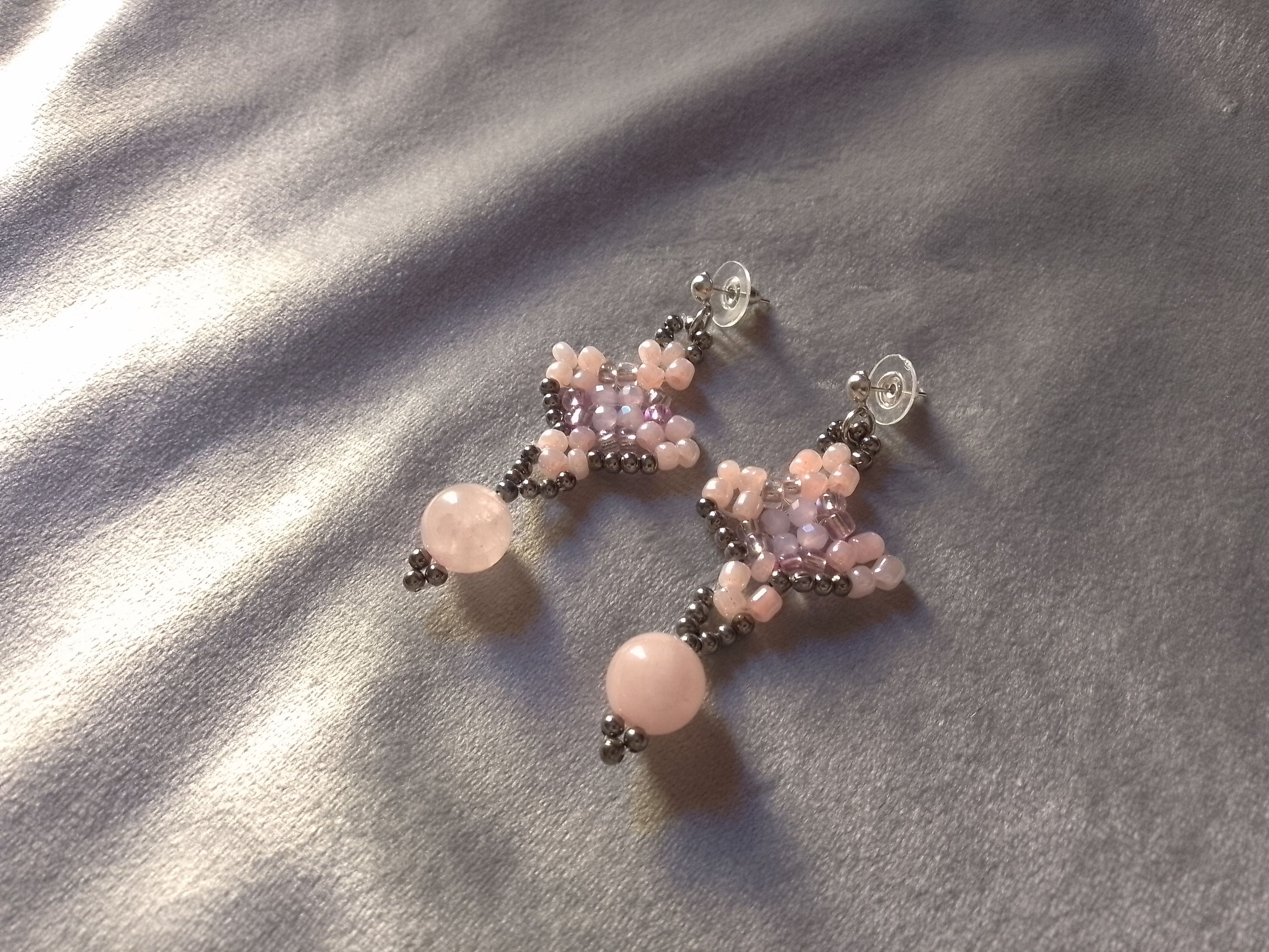 Handmade Earrings Rose Quartz Beaded Elegant Long Size ONE SIZE - 3 Thumbnail