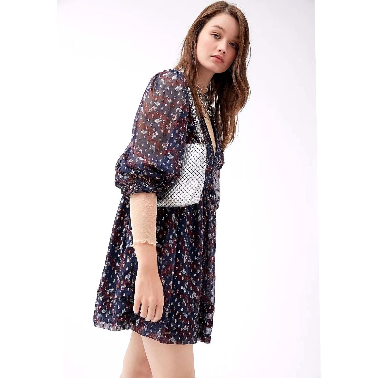 Urban Outfitters VINTAGE? Urban Outfitters Printed Chiffon Mini Dress Women's XS Blue Puff Sleeve Ruffle Pintuck Short Sleeve 3/4 Sleeve Mini Dress Girls? Size XS / US 0-2 / IT 36-38 - 2 Thumbnail