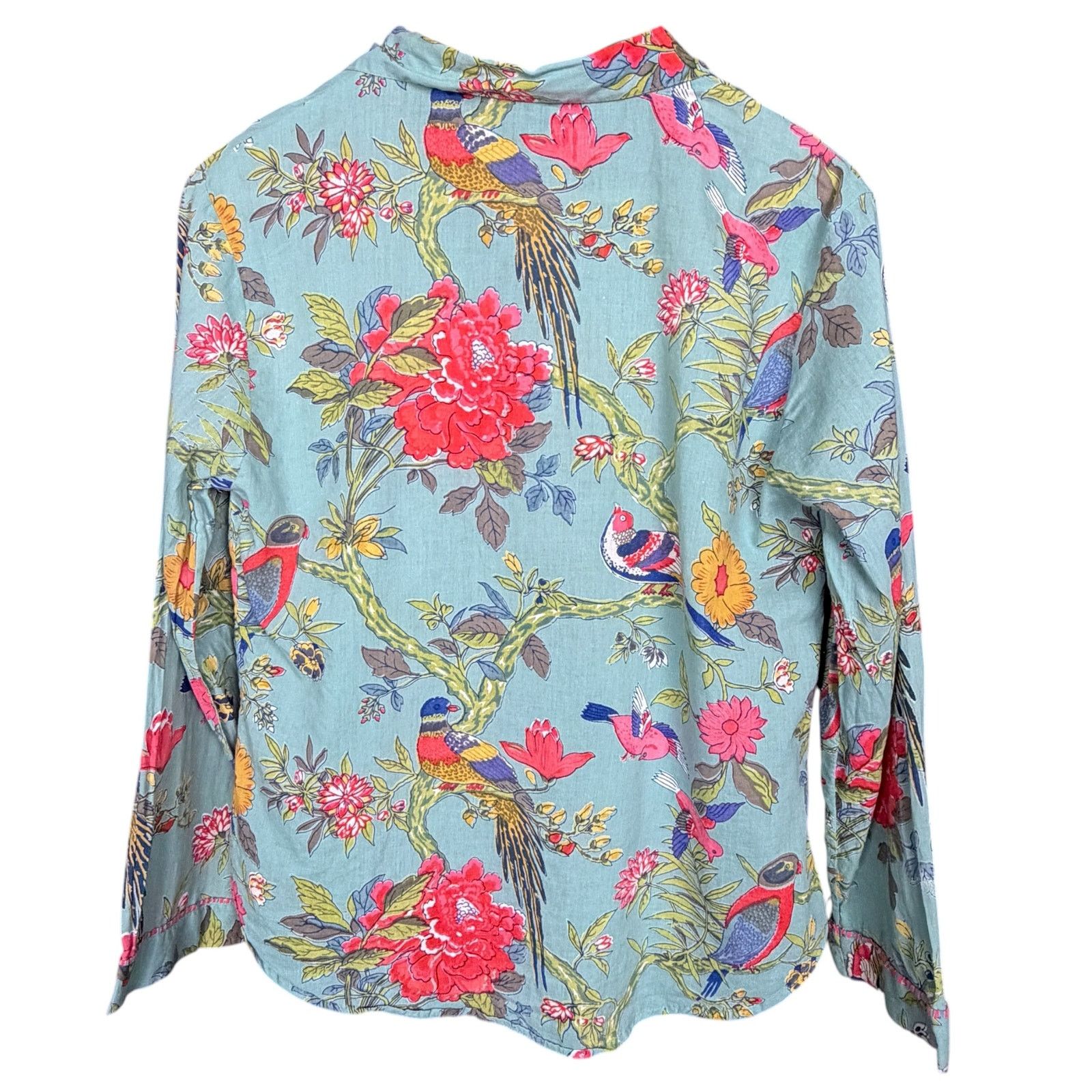 Other Vintage Handprint Turquoise Bird & Floral Women's Blouse Size S / US 4 / IT 40 - 2 Thumbnail