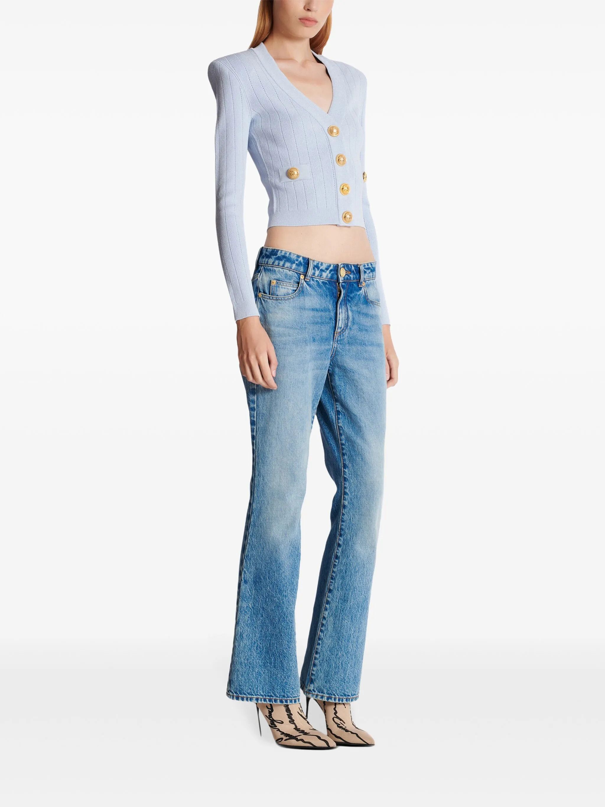 Balmain o1srvl11e1125 Engraved Button Cardigan in Light Blue Size S / US 4 / IT 40 - 3 Thumbnail