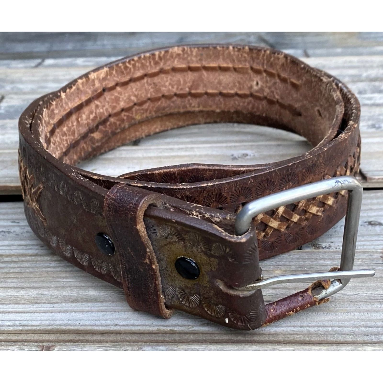 Vintage VINTAGE Hand-Tooled Leather Belt 60s 70s Size 40 Brown Unbranded Western Rockabilly Size ONE SIZE - 4 Thumbnail