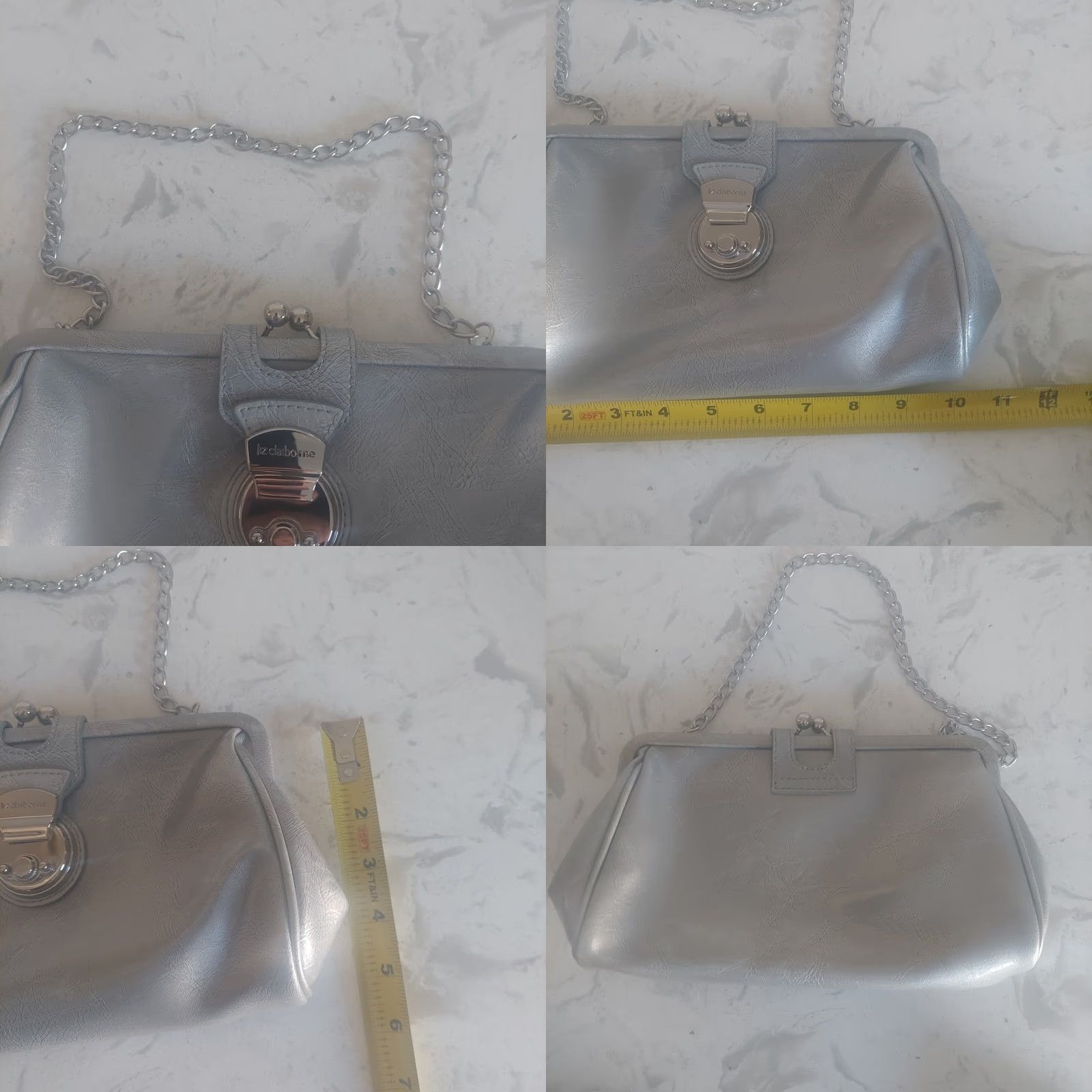 Liz Claiborne Lia Claiborne Women's Purse Silver Grey Patent Leather Snap Closure Chain Handle Small Bag Size ONE SIZE - 8 Thumbnail