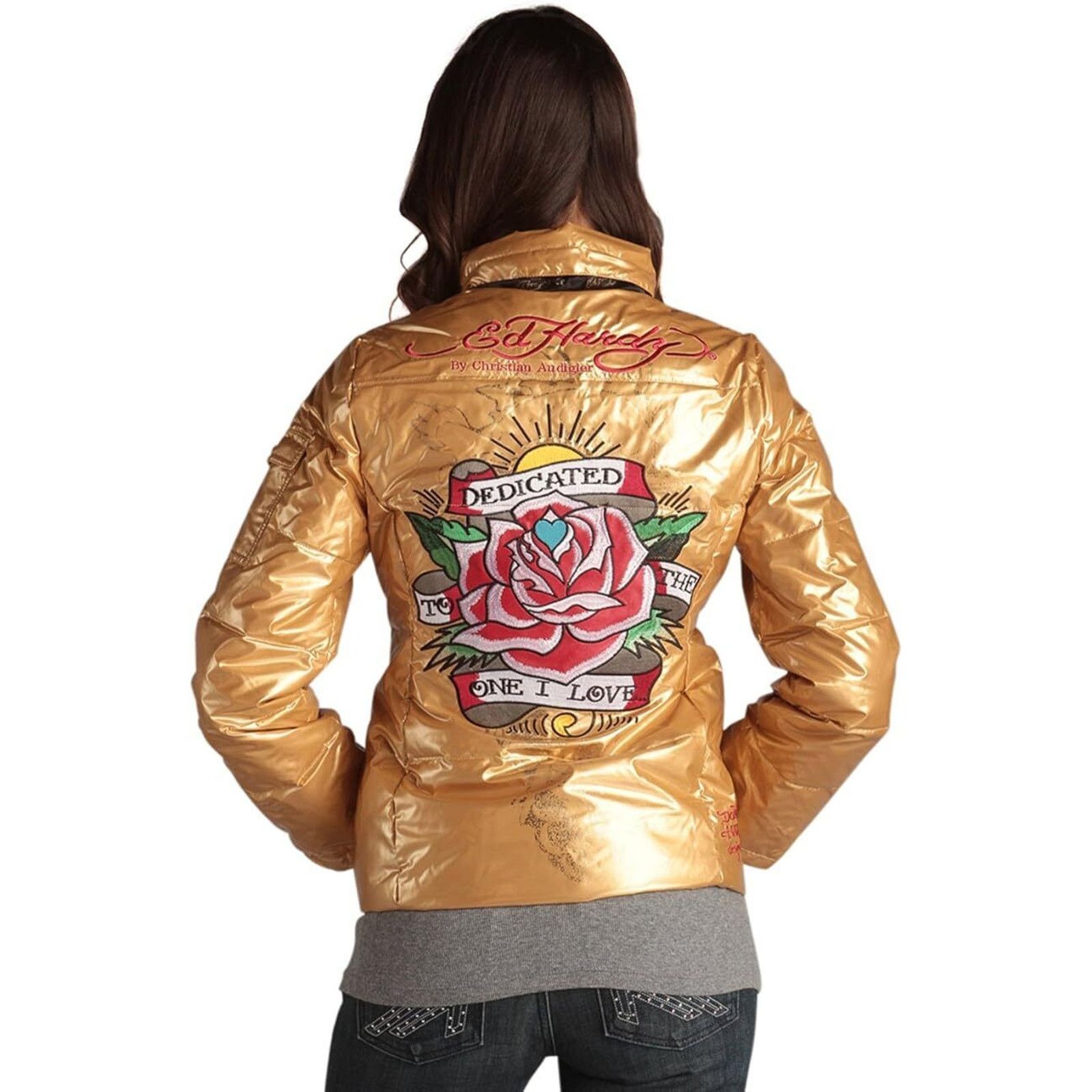Ed Hardy Ed Hardy by Christian Audigier Women's Gold Puffer Jacket Size M / US 6-8 / IT 42-44 - 4 Thumbnail