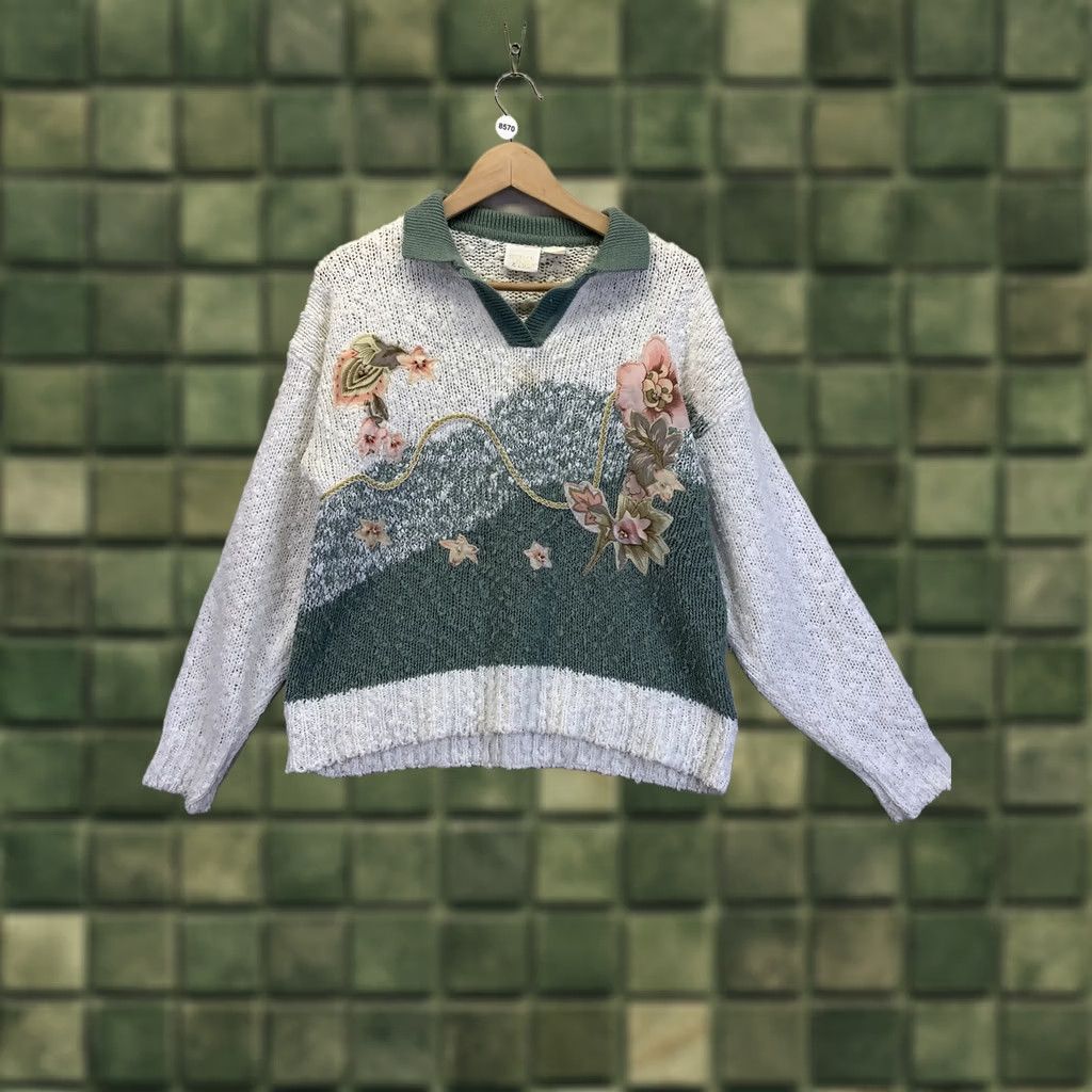 Vintage Vintage 80s Knotty Knit Floral Beaded Grandmacore Sweater Womens Large-8570 Size L / US 10 / IT 46 - 1 Thumbnail