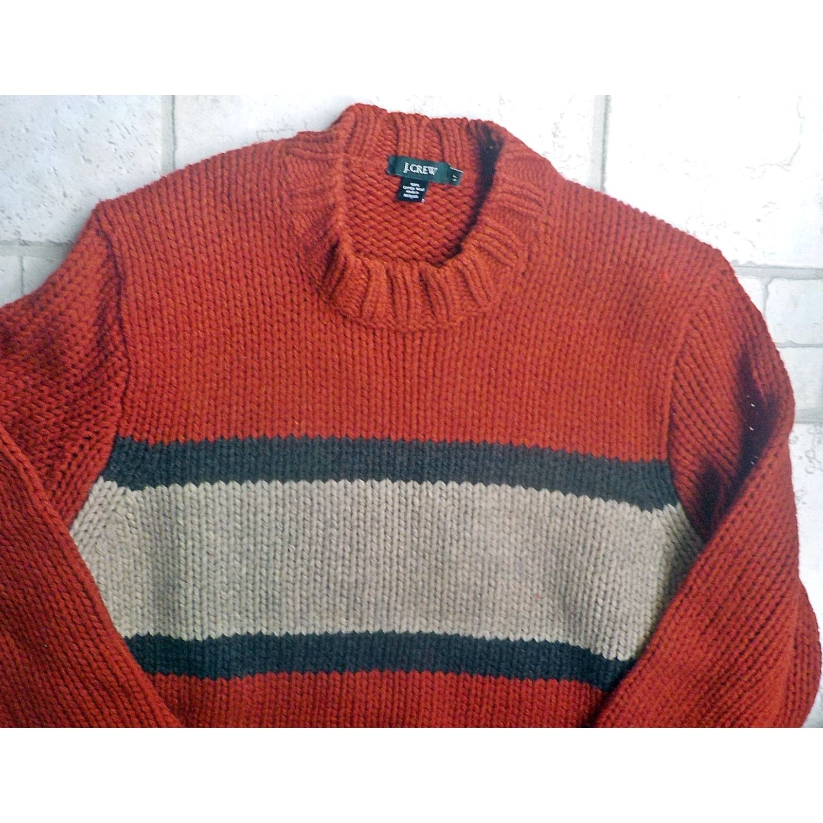 J.Crew J. Crew Heavyweight 100% Lambs Wool Crewneck Sweater LT Men Wool Rust/Brown/Beige Striped V-Neck Size LT Mens Size US L / EU 52-54 / 3 - 2 Thumbnail