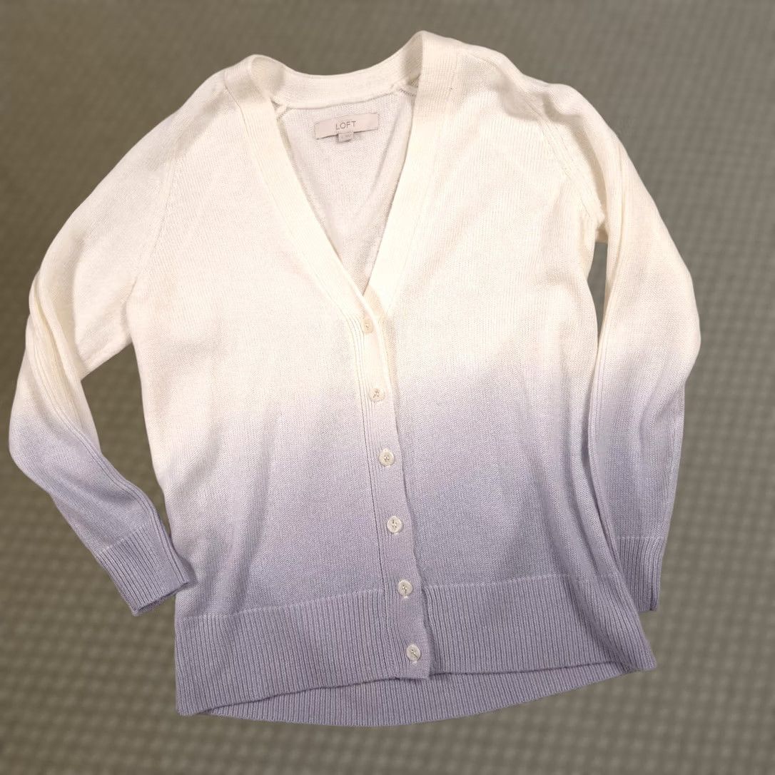 Loft LOFT Cardigan Sweater Women Large White Purple Ombre Button Front Knit Top Cardigan Size L / US 10 / IT 46 - 1 Thumbnail