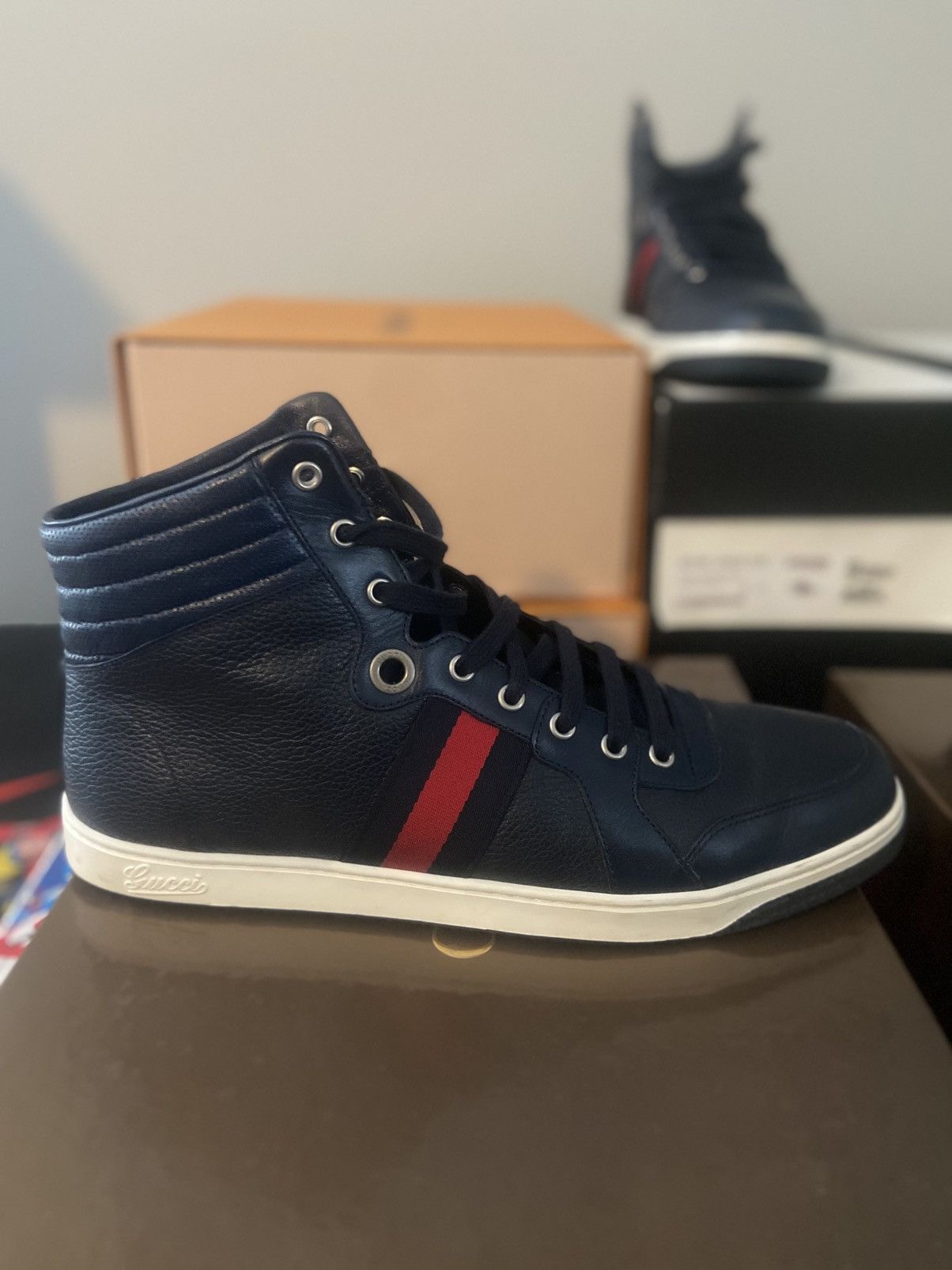 Gucci Gucci Navy Leather High-Top Sneakers (Red Web Stripe) Size US 11 / EU 44 - 7 Thumbnail
