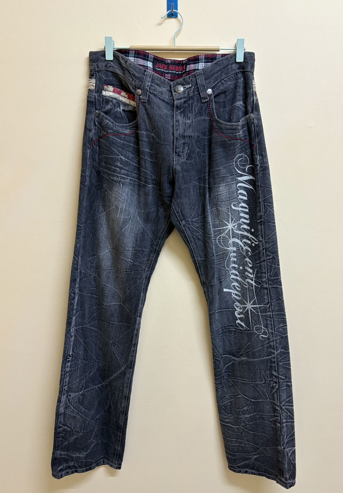 If Six Was Nine × Japanese Brand Vintage Y2k Jack Serika Poem Skull Printed Flared Jeans Size US 34 / EU 50 - 2 Thumbnail