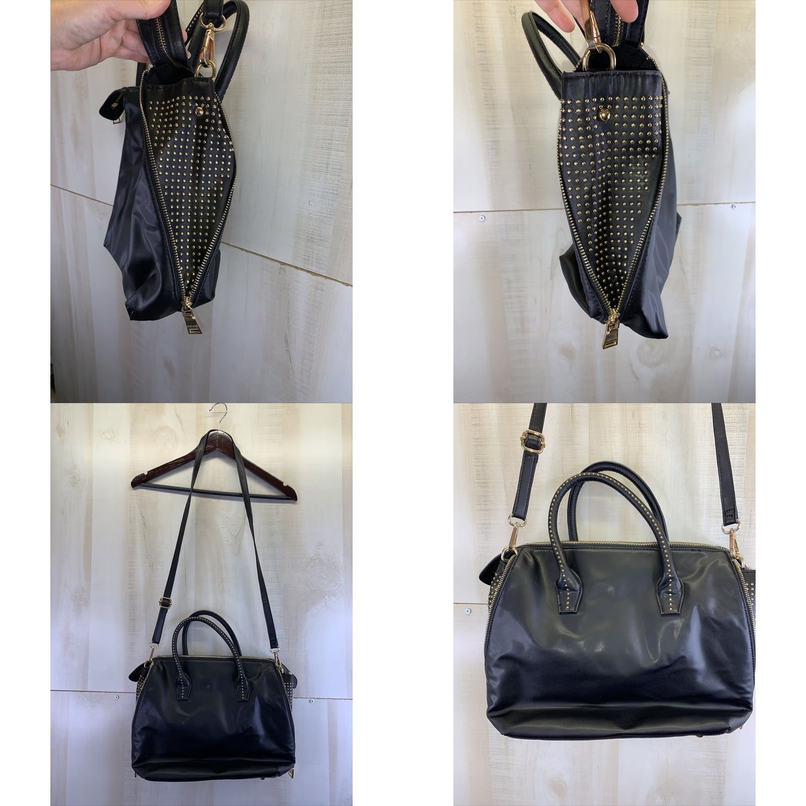 Bcbgmaxazria BCBGMAXAZRIA Satchel/Top Handle Bag Womens Purse Black Faux Leather Gold Studded Double Handles Medium Size ONE SIZE - 8 Thumbnail