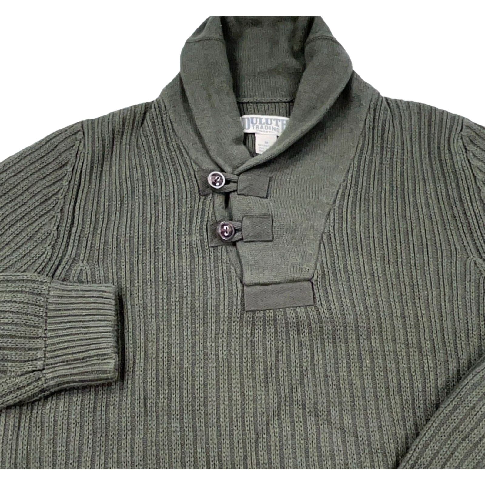 Olive VINTAGE Duluth Men’s Heavy Knit Shawl Collar Sweater Olive Green All Seasons Casual M Size US M / EU 48-50 / 2 - 2 Thumbnail