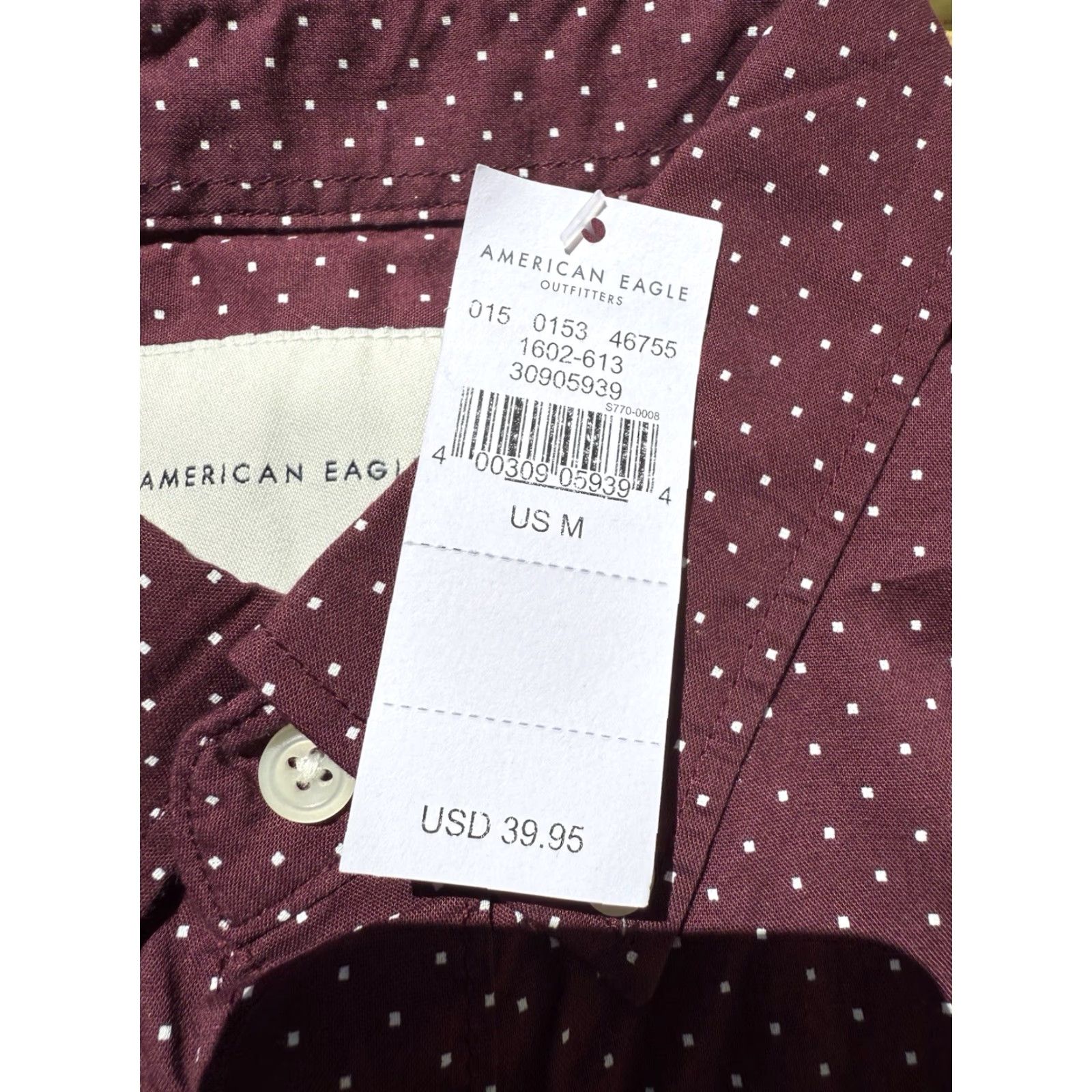 Vintage American Eagle Mens Maroon & White Polka Dot Button Down Collar Shirt M NWT Size US M / EU 48-50 / 2 - 3 Thumbnail