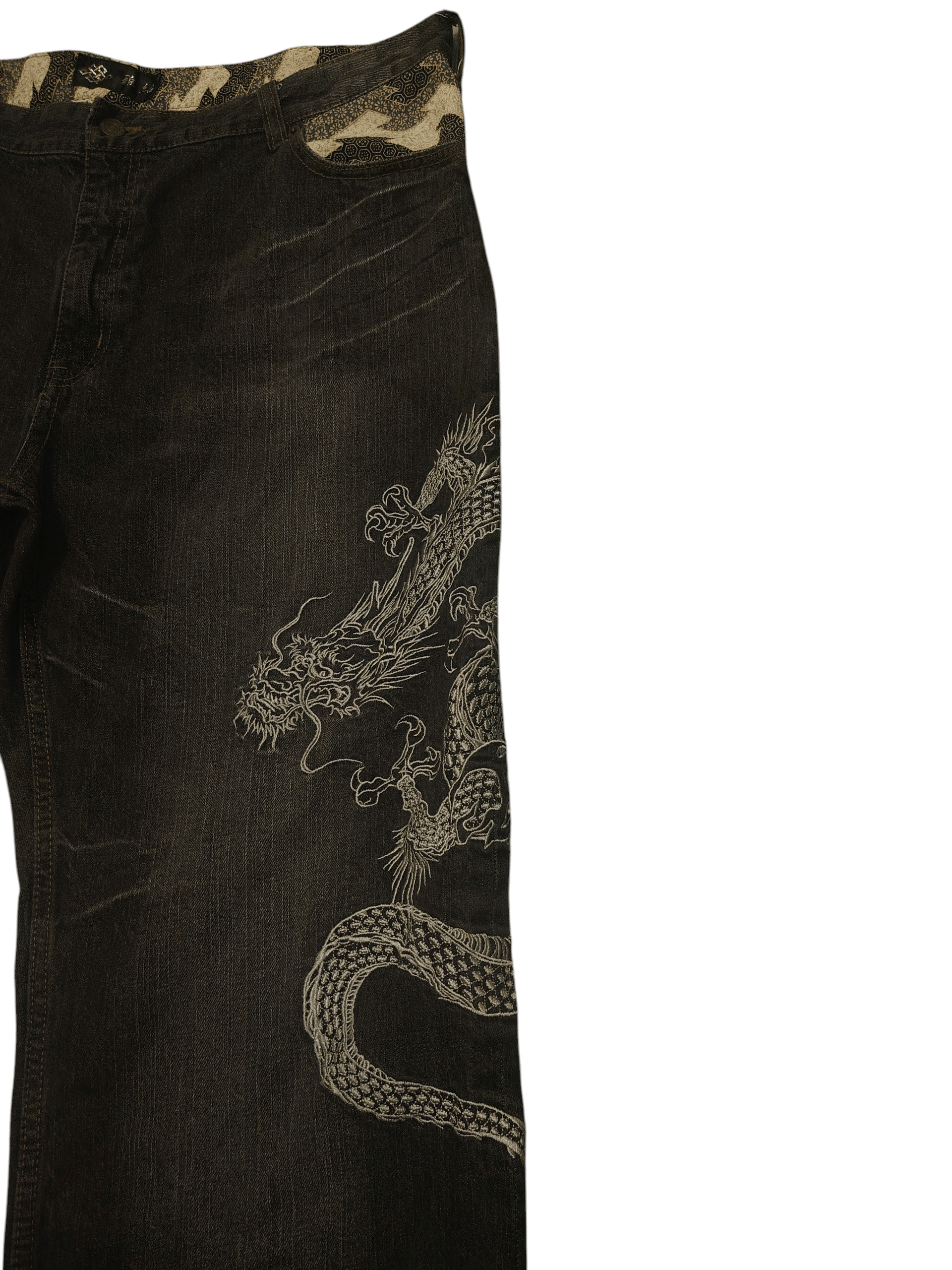 Karakuri Tamashii Rare Japanese Karakuri Embroidered Dragon Baggy Jeans Size US 39 - 12 Thumbnail