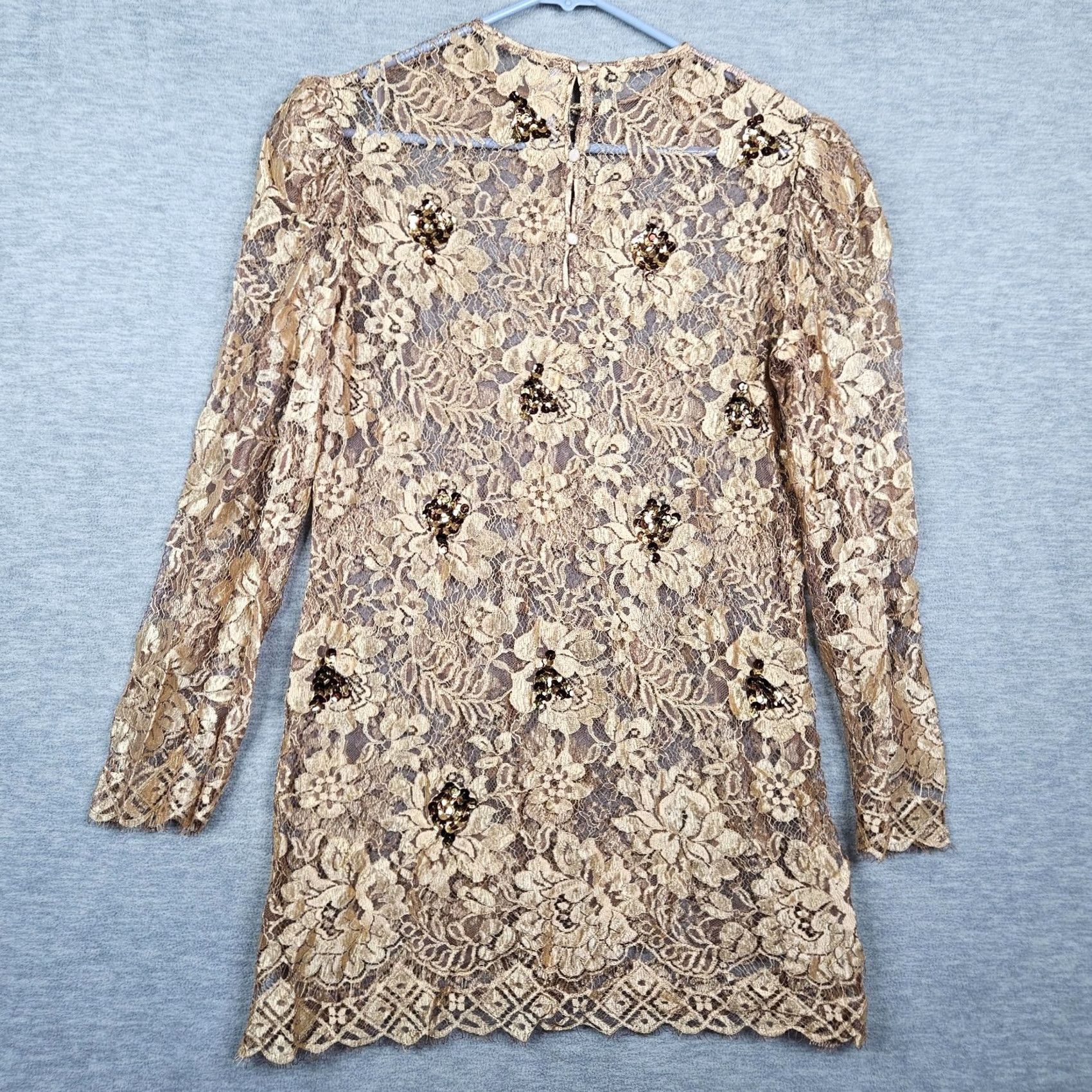 Vintage Annemarie Gardin Blouse Mock Neck Lace Floral Printed Gold Sz 12 Womens Regular Long Sleeve Sequin Size XL / US 12-14 / IT 48-50 - 2 Thumbnail