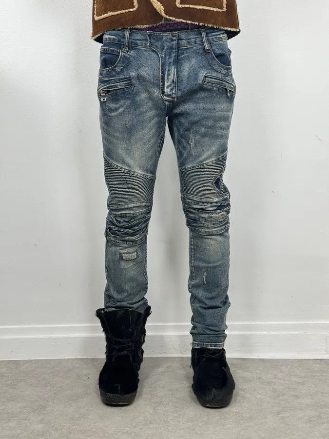 Balmain 2010s Balmain Biker Blue Denim Jeans Size US 31 - 1 Thumbnail