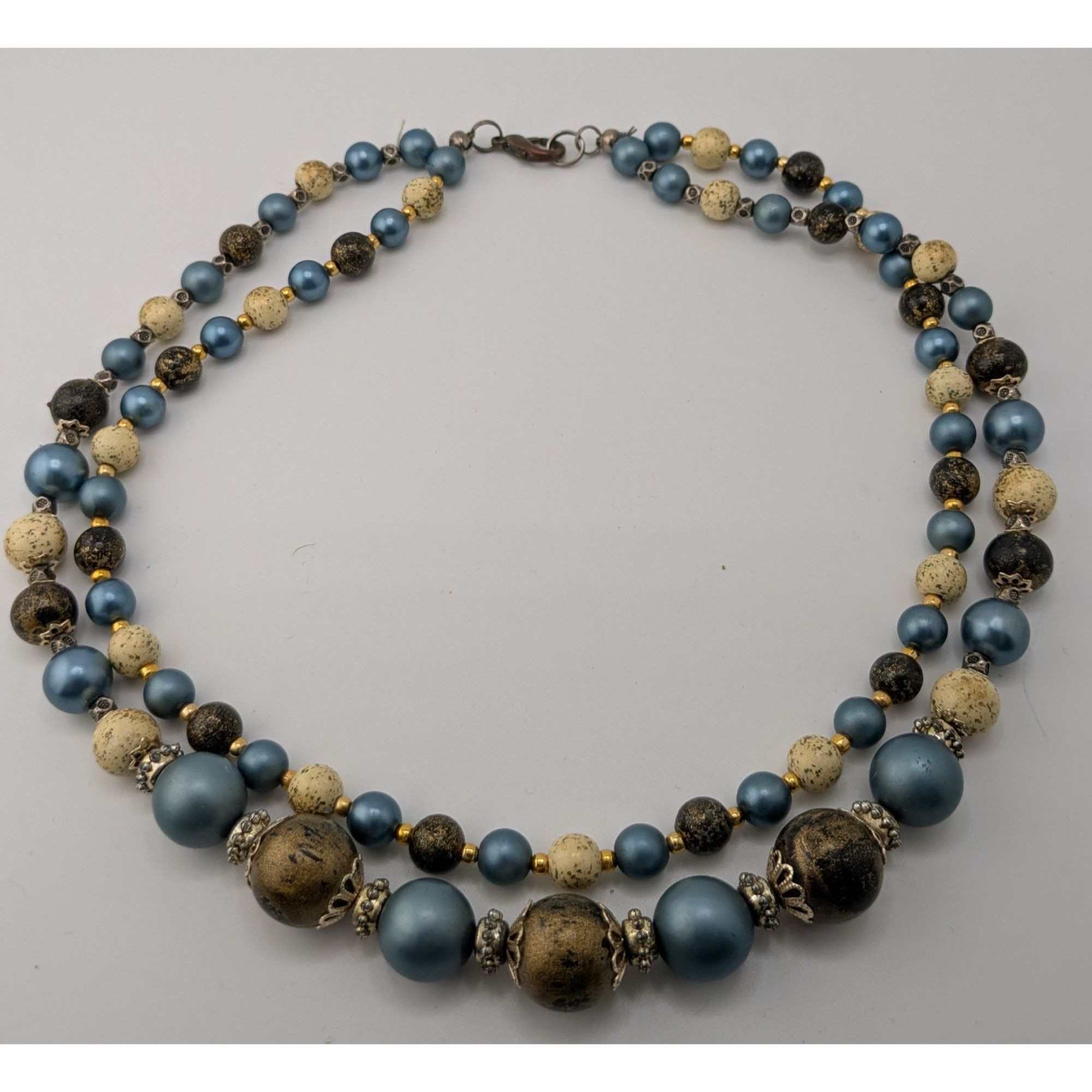 Handmade Vintage Handmade Blue Cream And Gold Double-Strand Beaded Ne Size ONE SIZE - 6 Thumbnail
