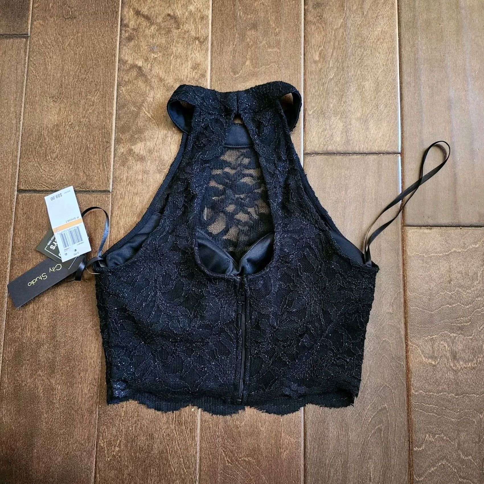 Vintage City Studio Women's Black Sequin Lace Crop Top Halter Sleeveless Back Zip Size 7 Size M / US 6-8 / IT 42-44 - 5 Thumbnail