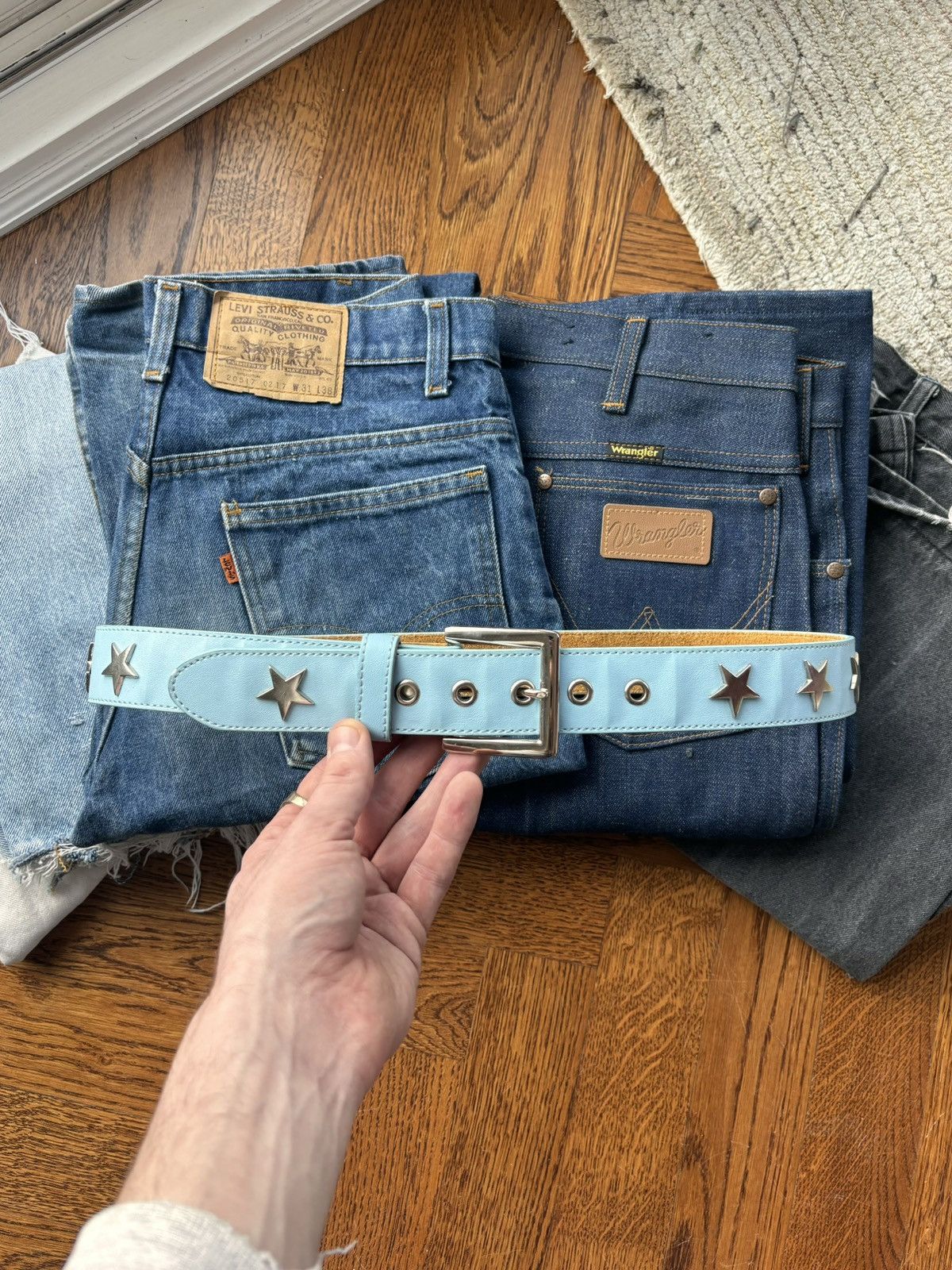 Genuine Leather × Vintage 2000s Vintage Star Studded Belt Y2K Blue Leather Metal Punk Size ONE SIZE - 3 Thumbnail