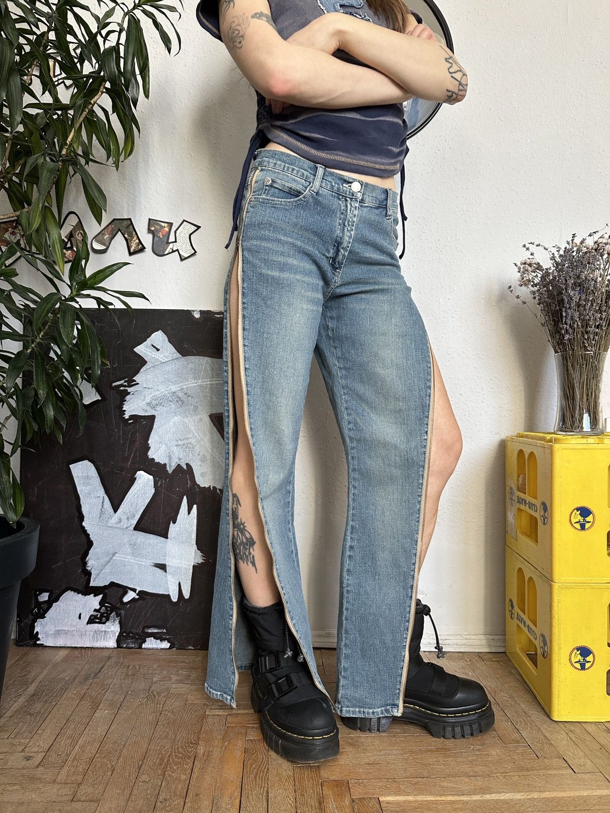 Japanese Brand × Seditionaries Denim Asymmetrical Full Zip Up Acid Wash Vintage Jeans y2k Size 30" / US 8 / IT 44 - 7 Thumbnail