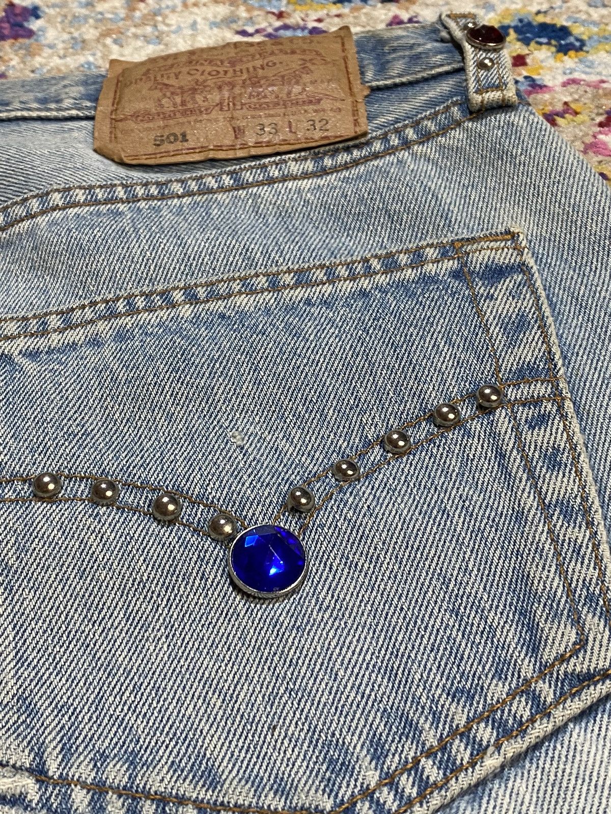 Levi's × Vintage WASHED BLUE 501 LEVIS RINDEM CUSTOM STUDS RHINESTONE Size US 33 - 7 Thumbnail