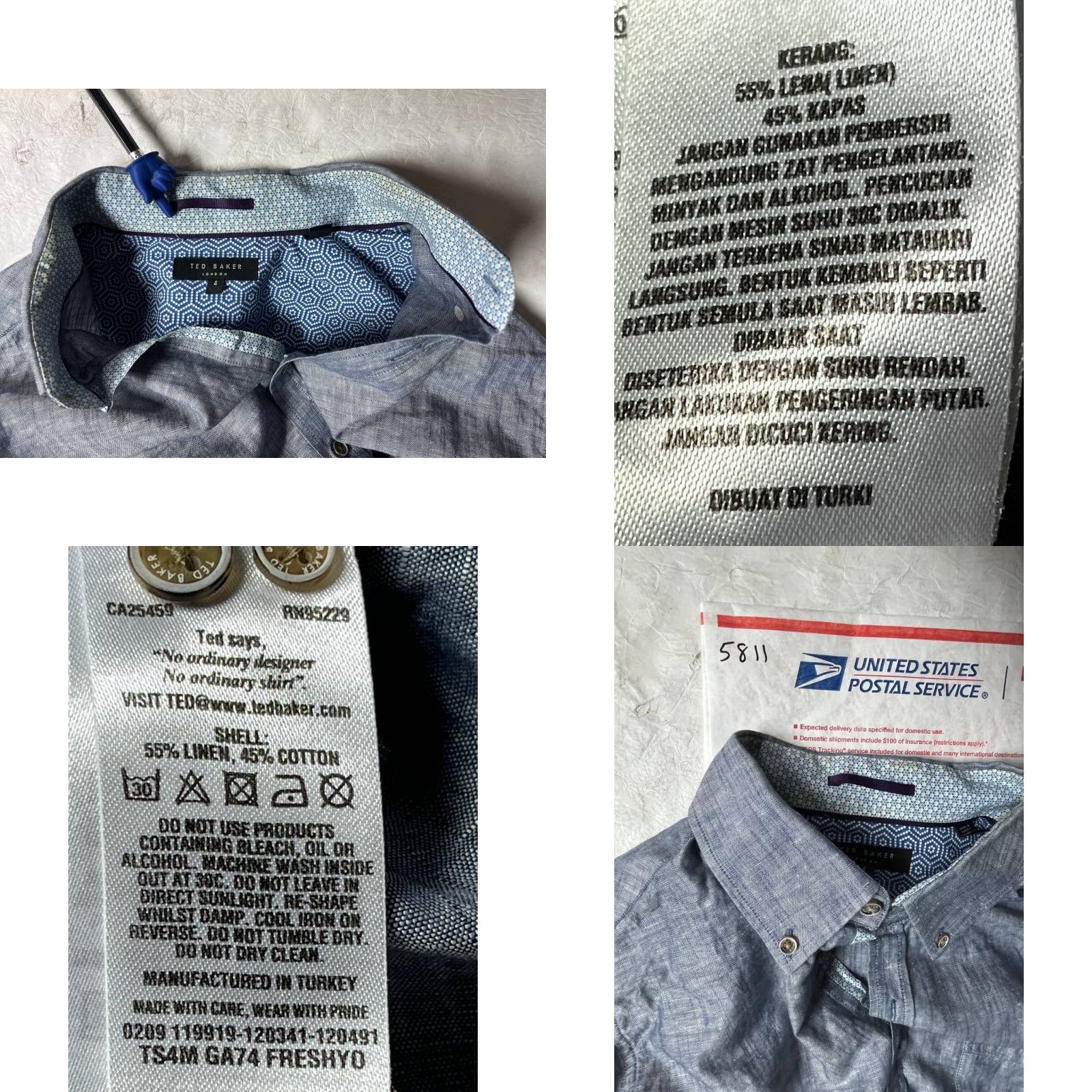 Ted Baker Ted Baker London Men's Button-Down Shirt Short Sleeve Linen Blend Blue 4 Regular with Button-Front Embroidered Mother Of Pearl Lined Buttons Dec Size US S / EU 44-46 / 1 - 9 Thumbnail