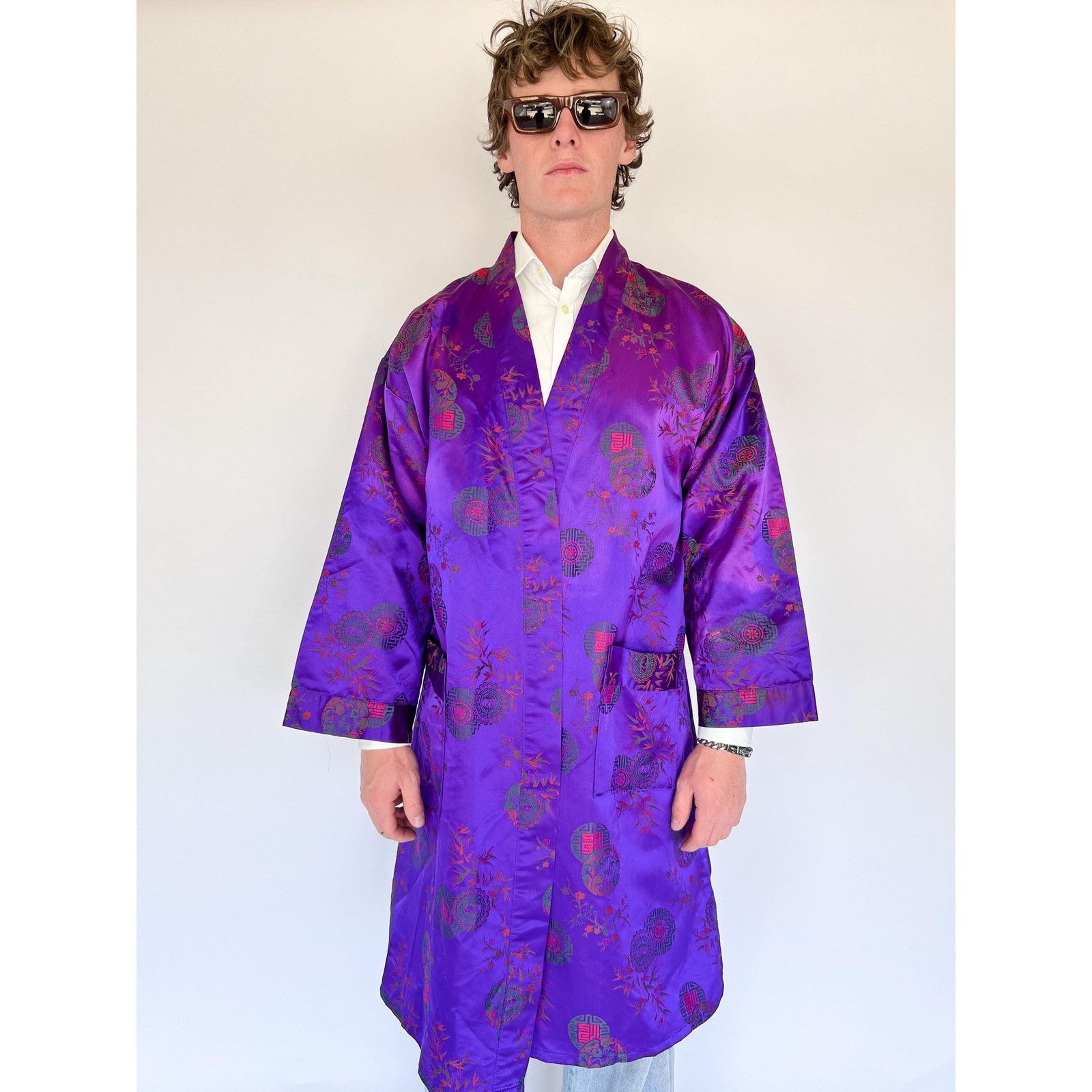 VTG 60s Asian Kimono Lounge Duster Robe Festival Peacock