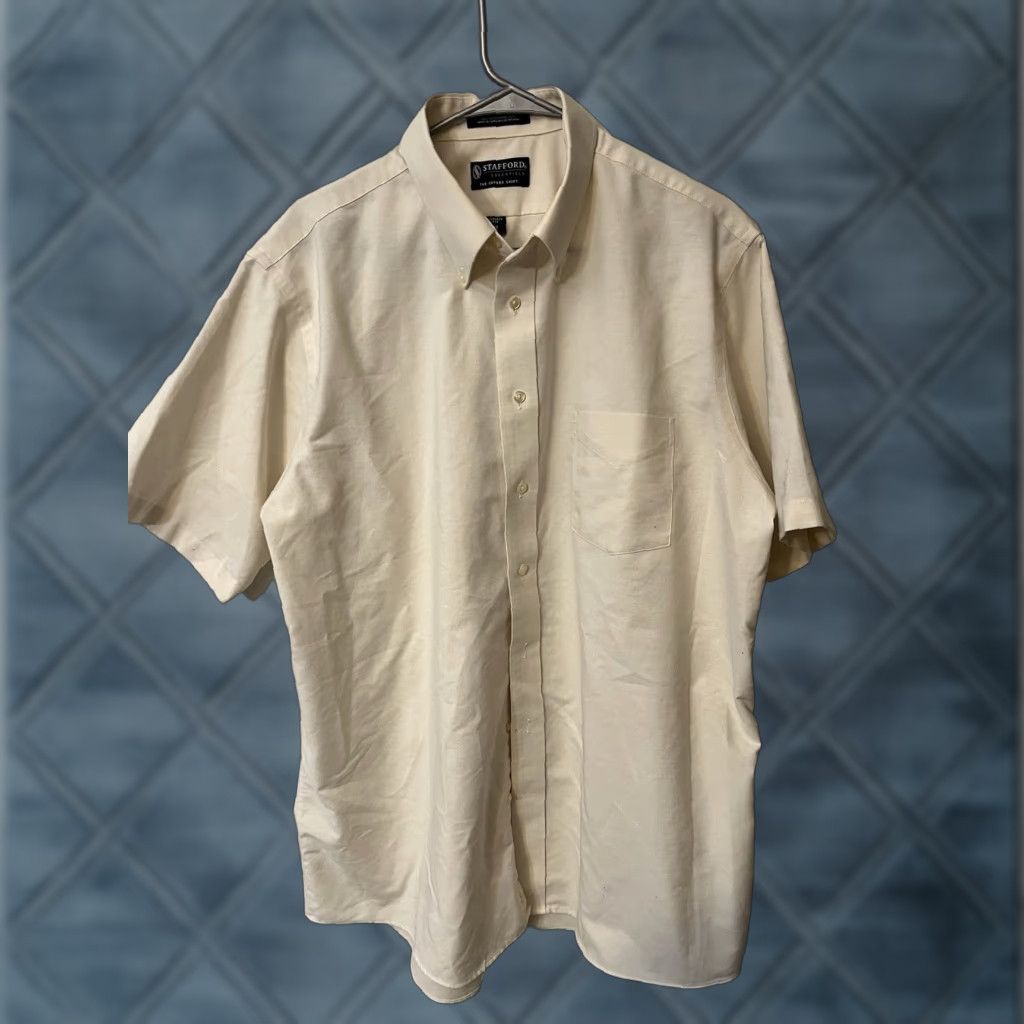 Stafford Stafford Shirt Men 17 Cream Beige Check Wrinkle-Free Athletic Fit Short Sleeve Button-Up Casual Dock Pocket Size US XL / EU 56 / 4 - 1 Thumbnail