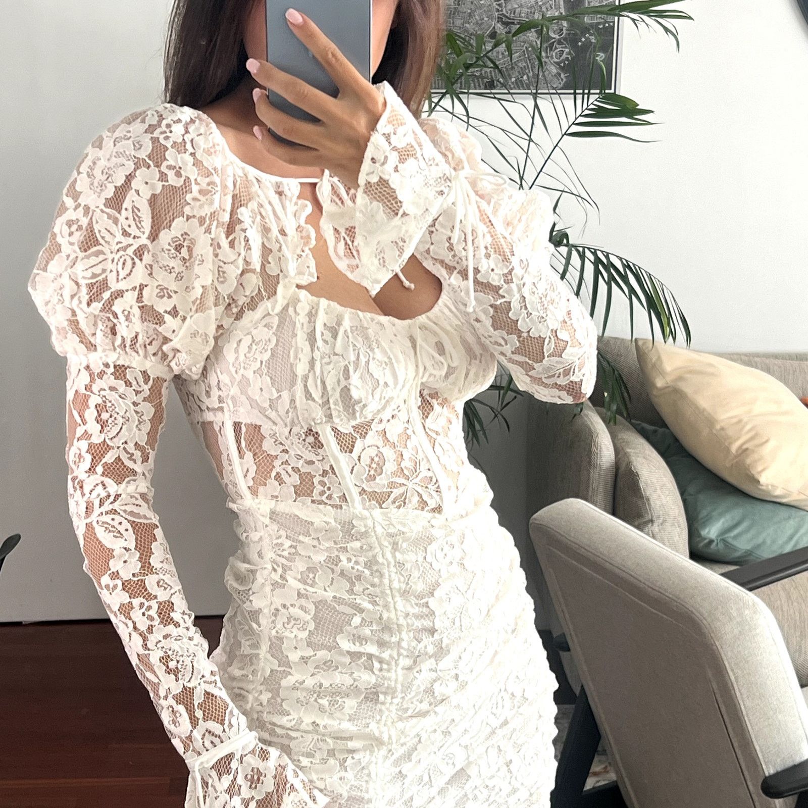 For Love & Lemons For Love & Lemons Revolve White Lace Victoria Mini Dress Size XS / US 0-2 / IT 36-38 - 3 Thumbnail