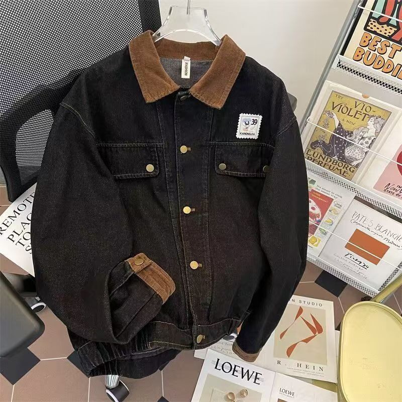 Vintage Black Denim Jacket with Corduroy Collar Size US M / EU 48-50 / 2 - 1 Thumbnail