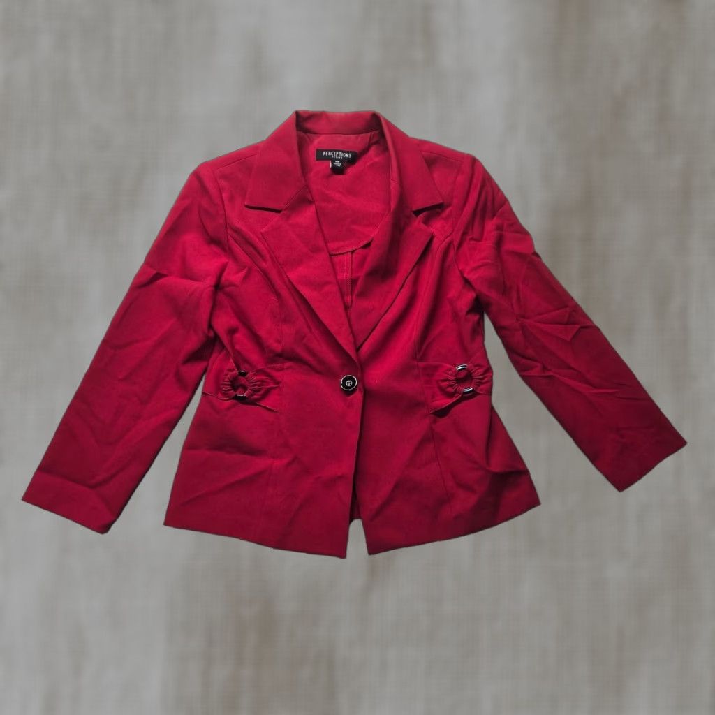 Vintage Perceptions Jacket Solid Red Coat Dress Casual Button Adult 10P Petite Women's Linen Blend Blouse Style Basic 10P Red Fall Spring Summer Winter Size L / US 10 / IT 46 - 1 Thumbnail