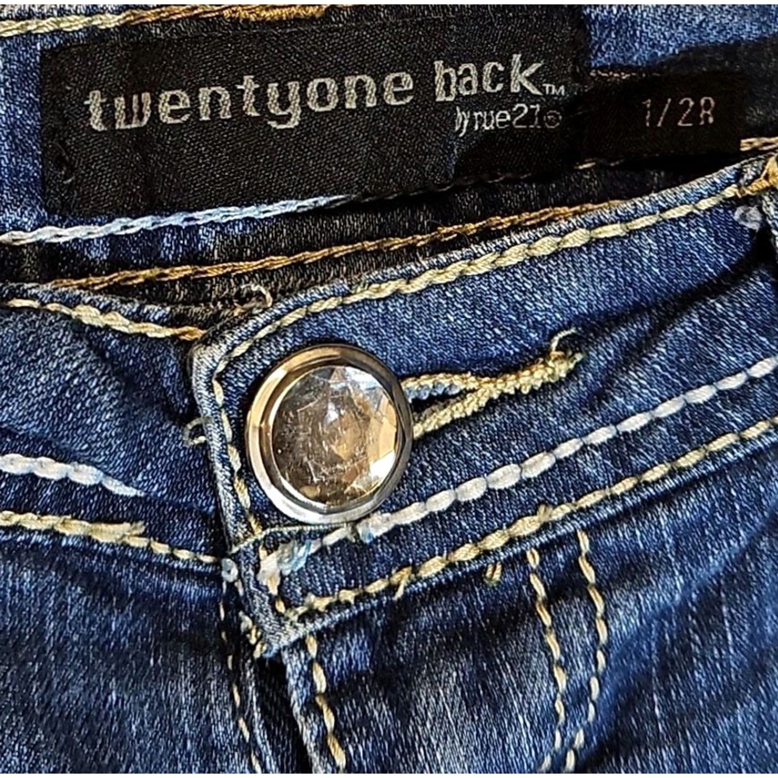 Vintage Twenty One Y2K Bootcut Jeans Distressed Rhinestone Button Flare Juniors Size 25" / US 0 / IT 36 - 4 Thumbnail