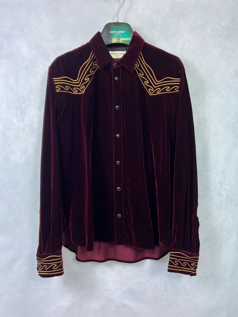 Yves Saint Laurent Saint Laurent18fw Gold Threaded Court Red Velvet Shirt 2503 Size US XXS / EU 40 - 1 Thumbnail