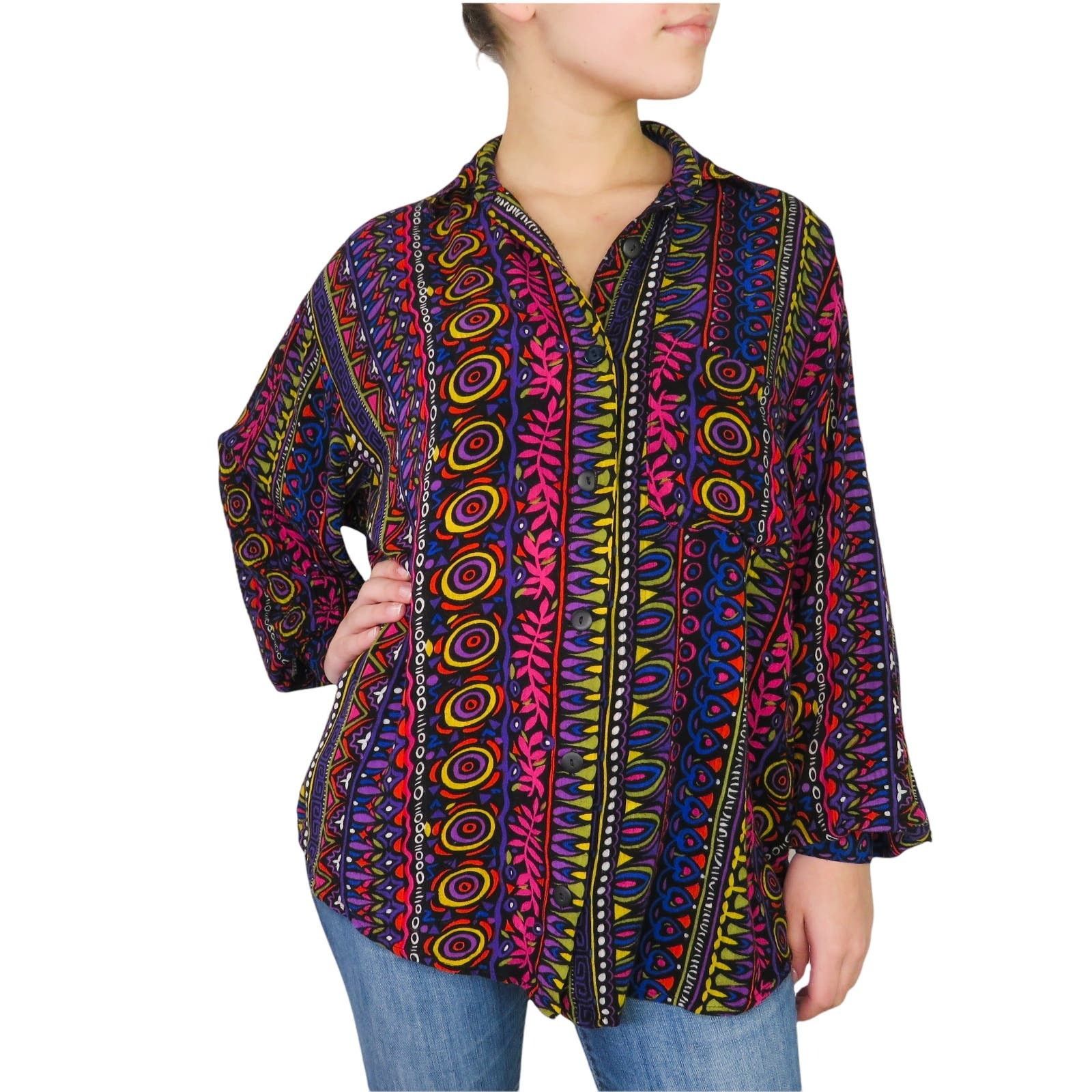 Vintage 90s Rainbow Geometric Button Down Casual Blouse Small Size S / US 4 / IT 40 - 1 Thumbnail