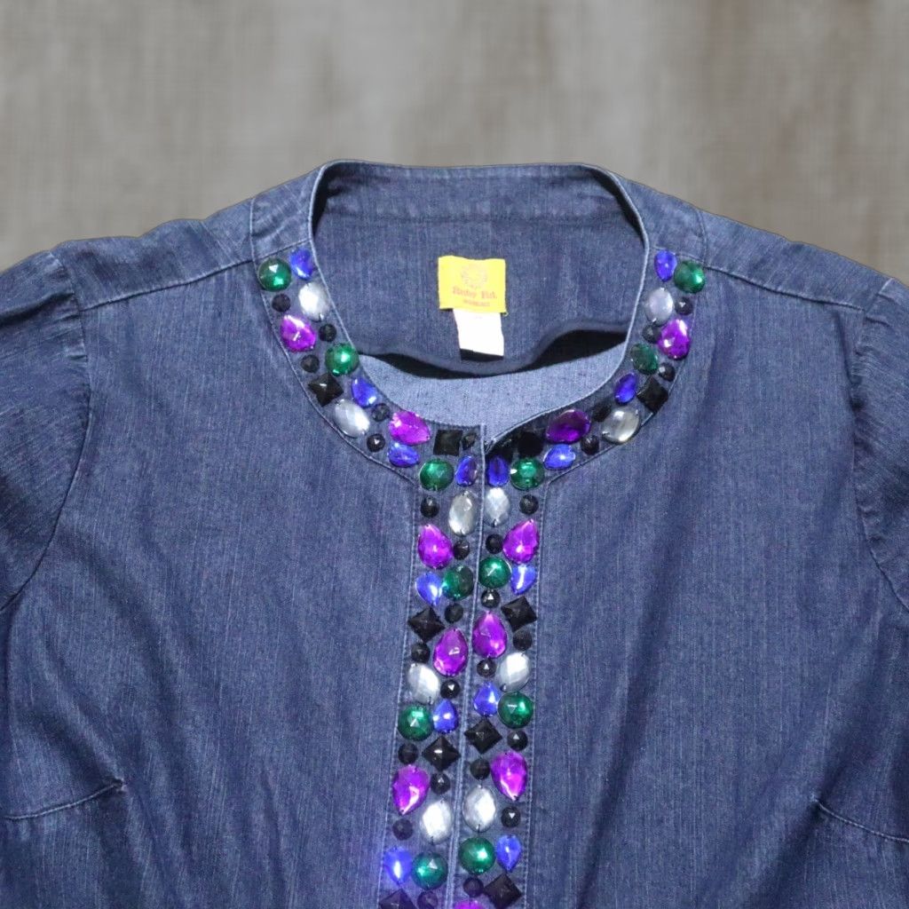 Vintage Ruby Rd. Denim Jacket Moonstruck Beaded Embellished Short Sleeve Casual Women 18 W Womens Jacket Beads 90s Cowboy Band Theme Size 40" / US 18 - 1 Thumbnail