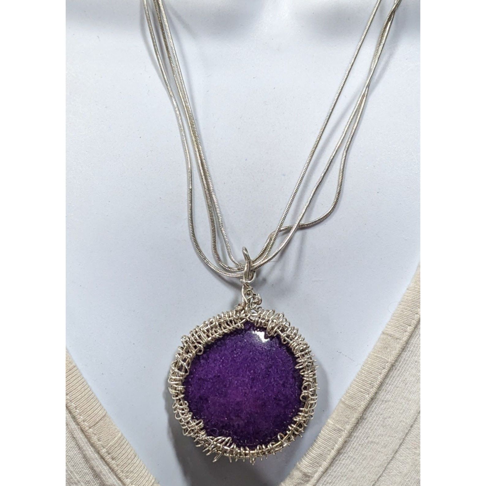 Handmade Whimsical Handmade Wire Wrapped Purple Stone On Layered Silv Size ONE SIZE - 4 Thumbnail