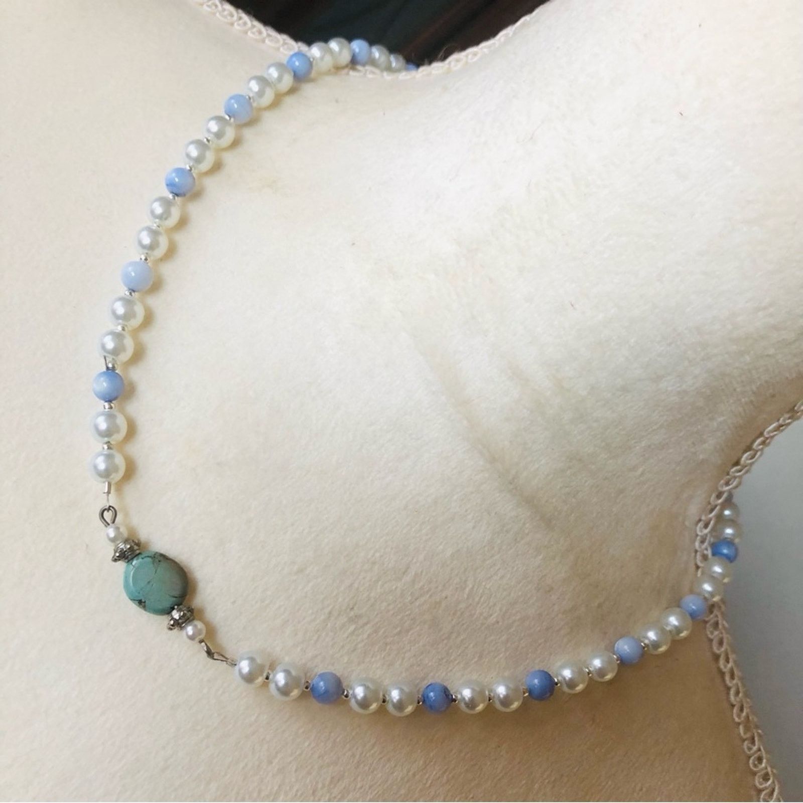 Handmade Handcrafted repurpose African turquoise stone Pearl necklace Size ONE SIZE - 1 Thumbnail