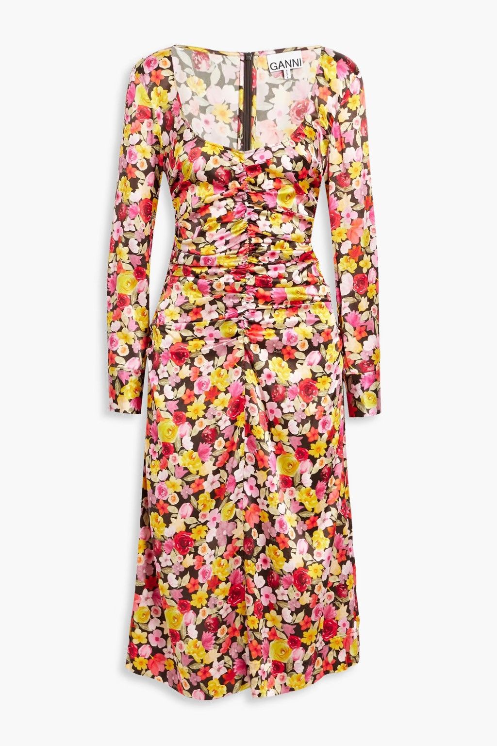 Ganni GANNI Ruched floral-print silk-blend satin midi Dress Size S / US 4 / IT 40 - 1 Thumbnail