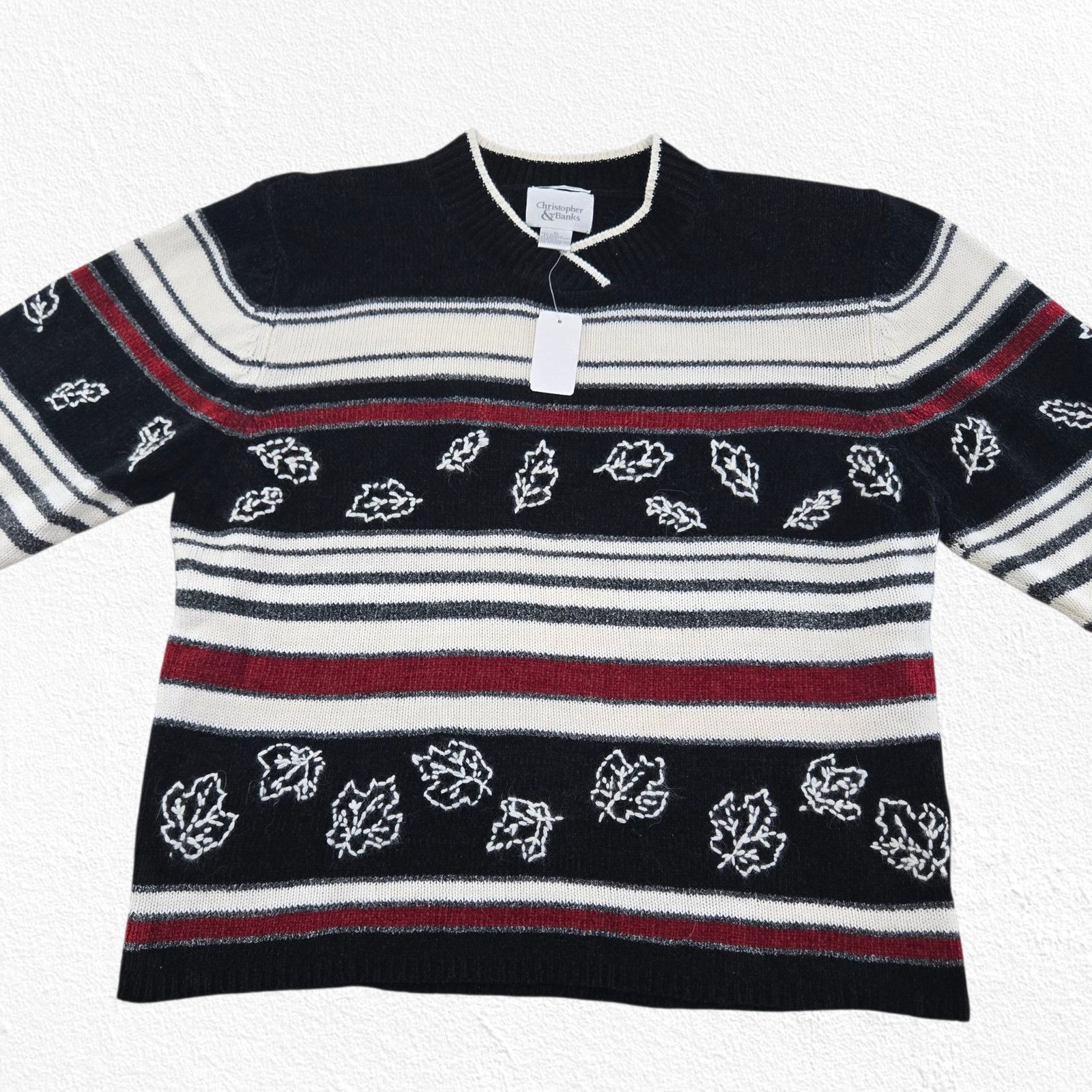 Vintage Y2K Fall Striped Leaf Knit Black Red White Sweater Size XL Size XL / US 12-14 / IT 48-50 - 3 Thumbnail