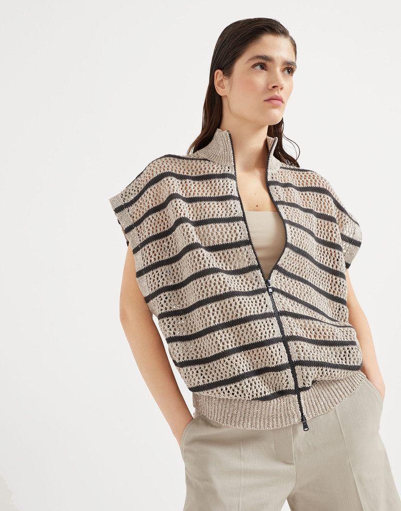Brunello Cucinelli o1la1rc1a0326 Linen Dazzling Striped Net Cardigan Size XL / US 12-14 / IT 48-50 - 4 Thumbnail