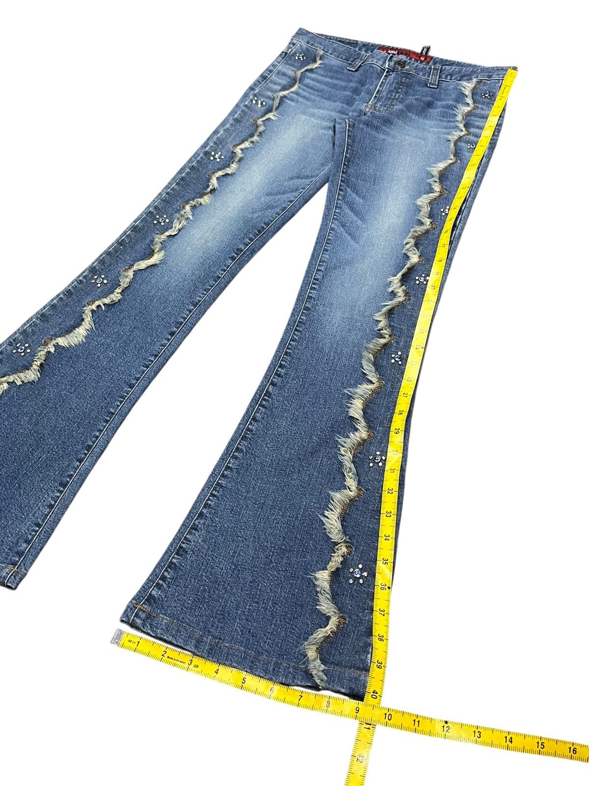 Fragment Design UNIFEEL Gemstones Studded Frayed Stretch Denim Flare Jeans Size 28" / US 6 / IT 42 - 17 Thumbnail