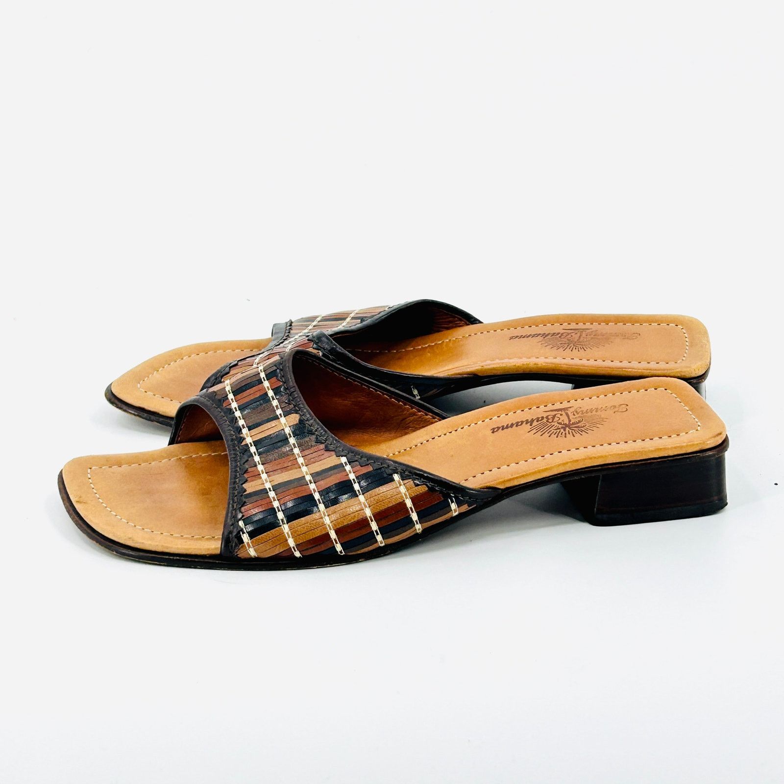 Vintage 90s Brown Tan Woven Leather Block Heel Mules