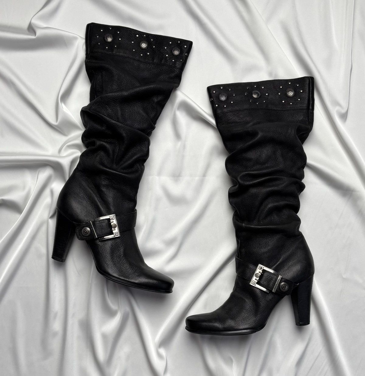 Vintage Leather High Knee Belted High Heel Shoes Boots in Black, Women's (Size 9)