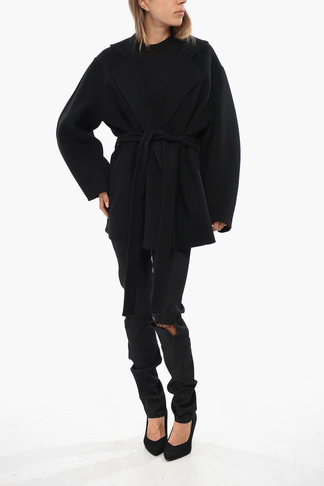 Chloe og1mm0426 Belted Wool and Cashmere Coat in Black Size M / US 6-8 / IT 42-44 - 4 Thumbnail