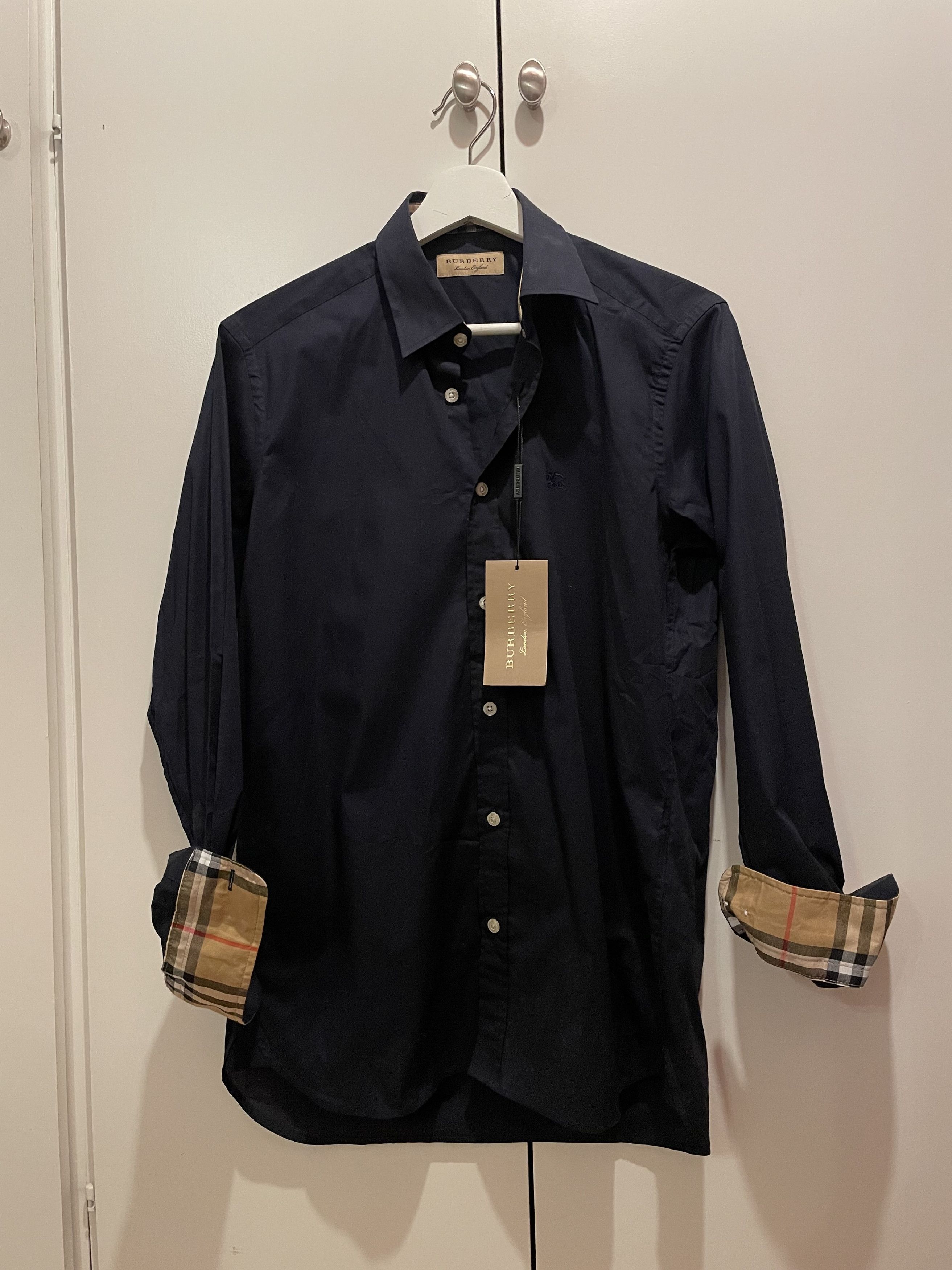 Image of Burberry Embroidered Logo Shirt in Navy, Men's (Size Small)