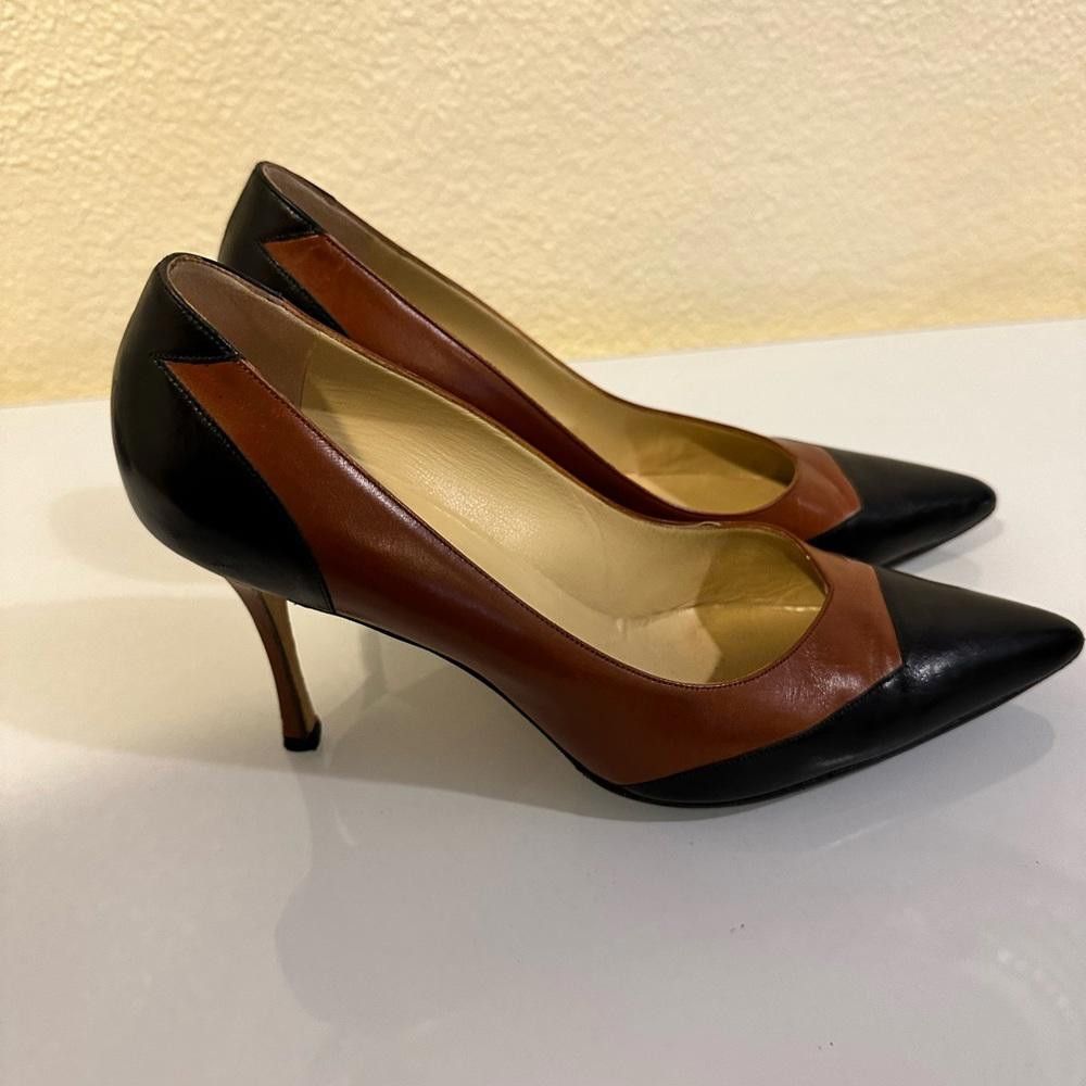Manolo Blahnik Manolo Blahnik Black and Brown Leather Geometric Pumps 39.5 Size US 8.5 / IT 38.5 - 4 Thumbnail