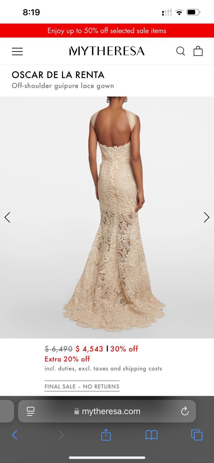 Oscar De La Renta OSCAR DE LA RENTA Off Shoulder Guipure Lace Gown Size M / US 6-8 / IT 42-44 - 4 Thumbnail