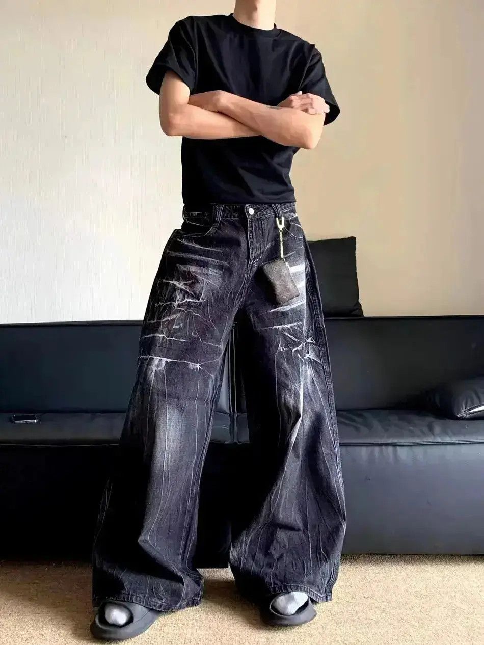 Japanese Brand Vintage washed and distressed graffiti stripe baggy jeans Size US 34 / EU 50 - 1 Thumbnail