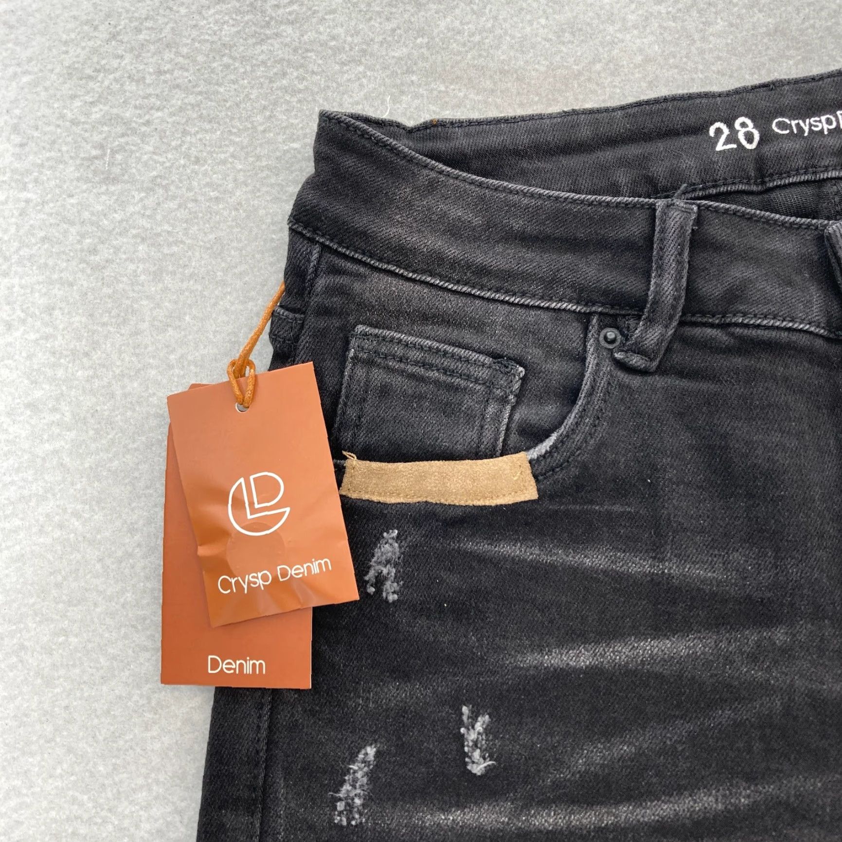 Denime Crysp Denim Jeans Shorts Jorts Mens 28 Black Stretch Denim Distressed Patches NWT Skull Theme Size US 28 / EU 44 - 4 Thumbnail