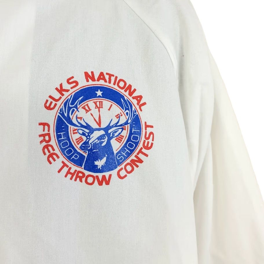 Vintage VINTAGE Elks National Hoop Shoot Bomber Jacket Mens XL 80s Made In USA Nemesis White Cotton Snap Front Sports Basketball Mens Size US XL / EU 56 / 4 - 6 Thumbnail