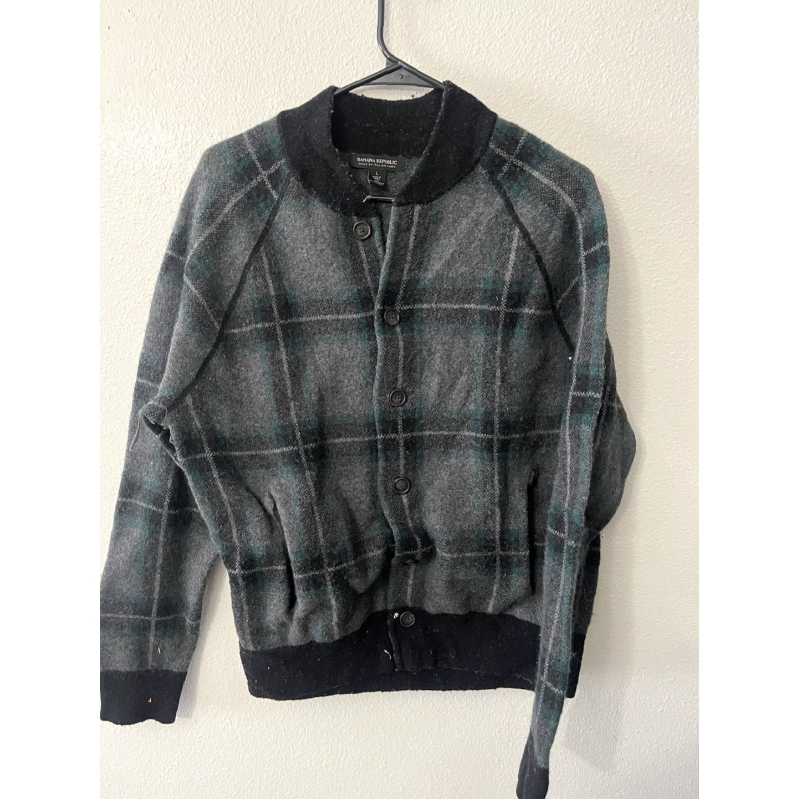 Banana Republic MENS Banana Republic Plaid Bomber Jacket GREEN/BLACK/GREY Large Italian Yarn Size US L / EU 52-54 / 3 - 2 Thumbnail