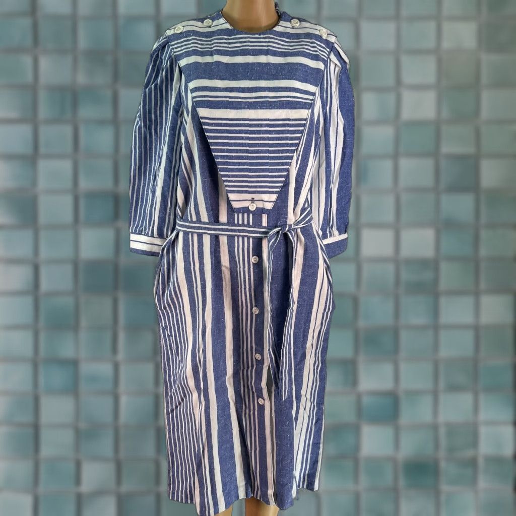 Vintage Breli Originals Womens Blue Striped Belted 3/4 Sleeves Midi Dress Sz 12